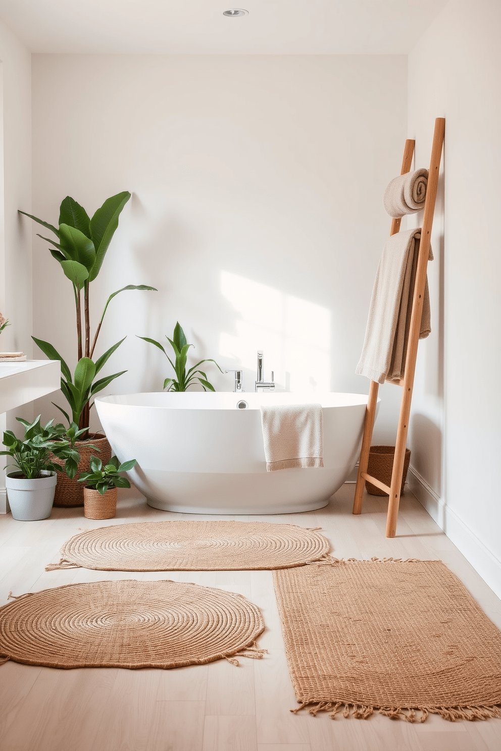 A serene bathroom space featuring sustainable jute rugs that add a natural touch to the decor. The rugs are layered over a light wood floor, providing warmth and texture while complementing the earthy tones of the surrounding elements. The bathroom showcases a modern freestanding tub surrounded by potted plants, enhancing the organic ambiance. Soft, neutral-colored towels are neatly arranged on a bamboo ladder, creating a harmonious blend of style and sustainability.