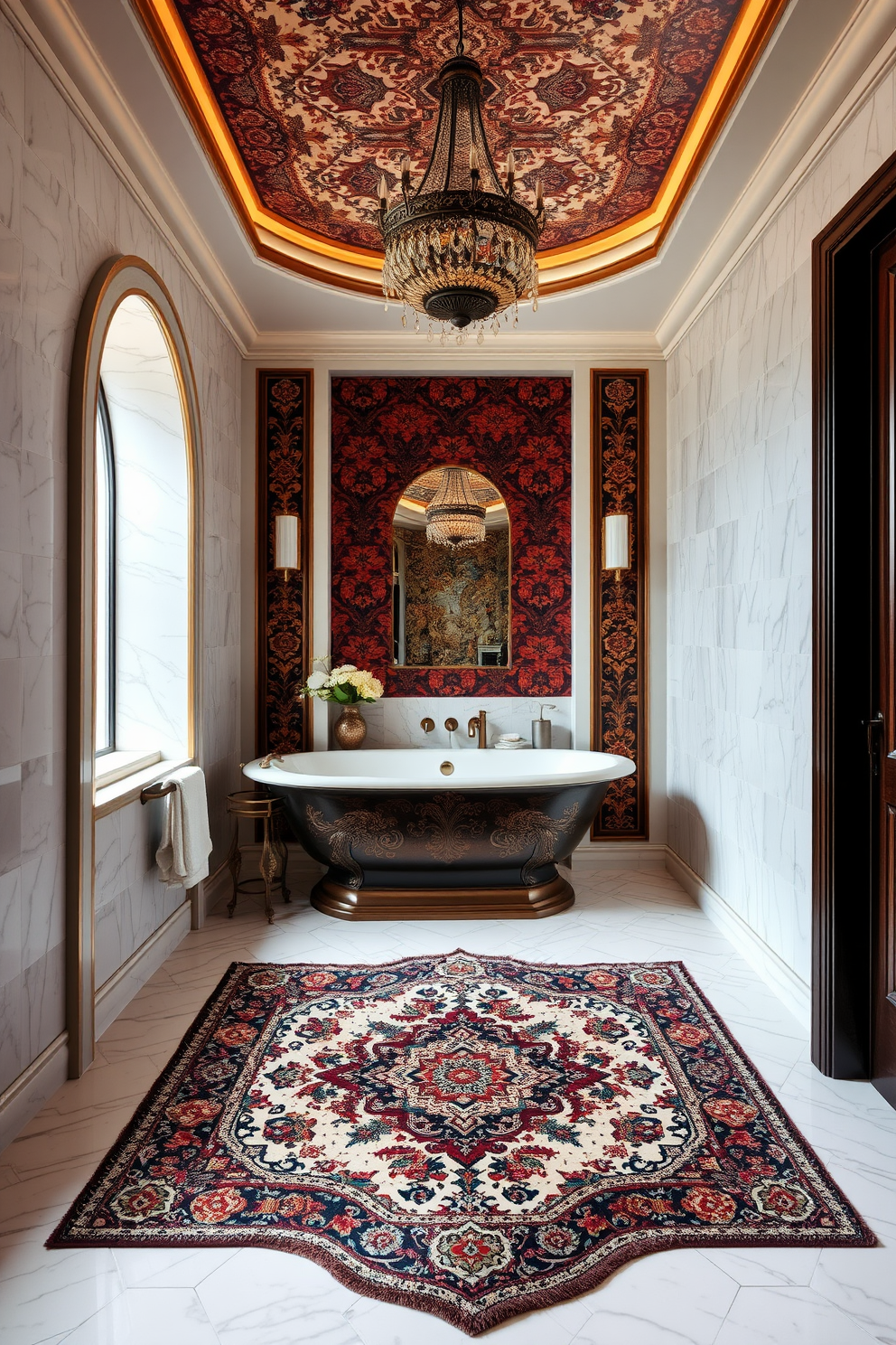 Elegant Persian designs for luxurious ambiance. The bathroom features intricate Persian patterns in rich colors, creating a warm and inviting atmosphere. The rug is plush and beautifully detailed, showcasing traditional motifs that enhance the overall elegance of the space. It complements the marble tiles and adds a touch of sophistication to the bathroom decor.