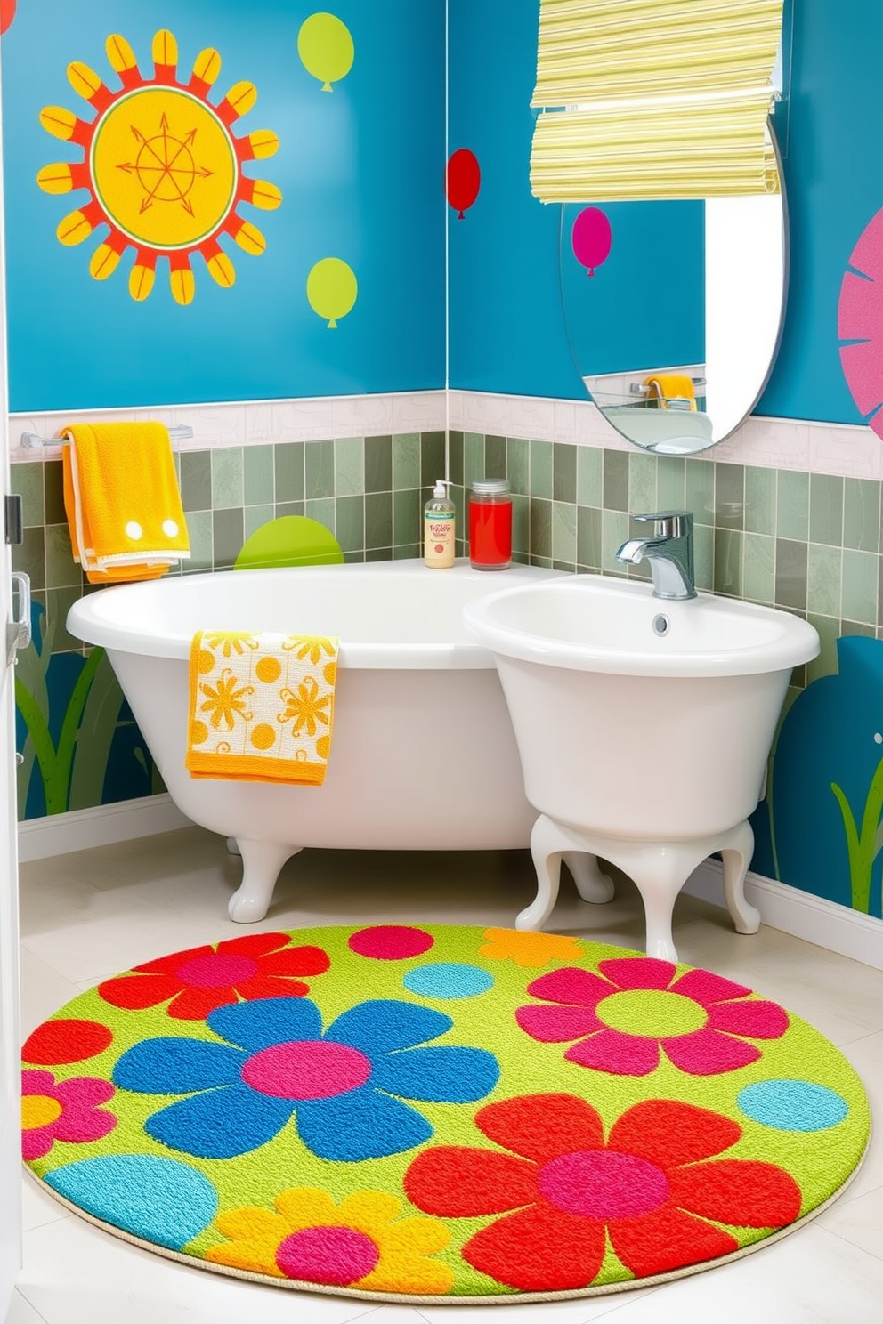 A playful bathroom rug design featuring whimsical shapes that create a fun and inviting atmosphere. The rug showcases vibrant colors and unique patterns, adding a touch of personality to the space. Consider a circular rug with oversized floral motifs in bright hues to enhance the cheerful vibe. Pair it with coordinating accessories like towels and shower curtains for a cohesive look.