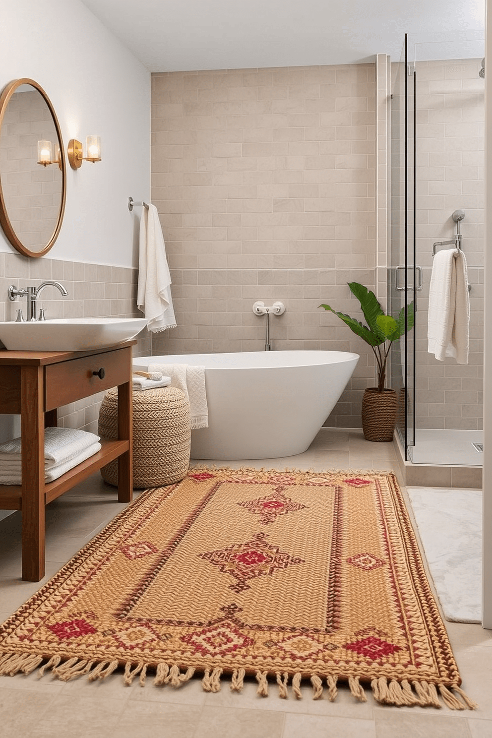 Artisan-crafted rugs add a unique character to bathroom spaces. These rugs feature intricate patterns and textures that enhance the overall aesthetic while providing comfort underfoot. Consider a plush, handwoven rug in earthy tones to complement natural materials. Alternatively, a vibrant geometric pattern can serve as a bold statement piece against neutral tiles.