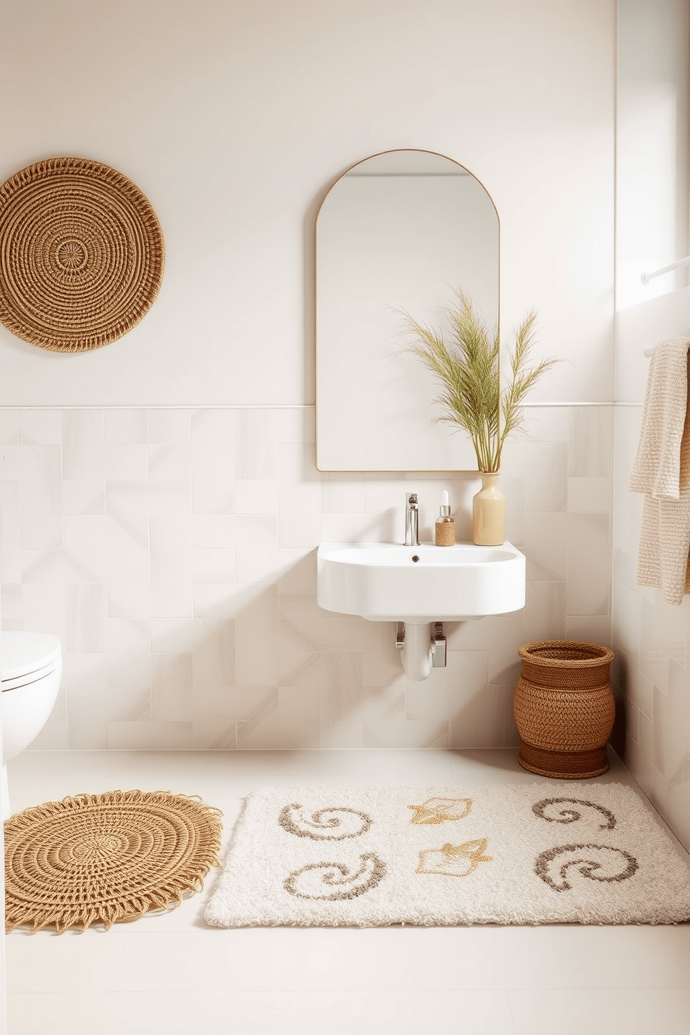 A serene bathroom ambiance featuring natural fiber mats that enhance the eco-friendly aesthetic. The mats are woven from jute and sisal, adding texture and warmth to the space while complementing the earthy color palette. Incorporate a plush bathroom rug designed with organic patterns and soft hues. The rug is strategically placed in front of the sink, providing comfort underfoot and a cohesive look with the surrounding decor.