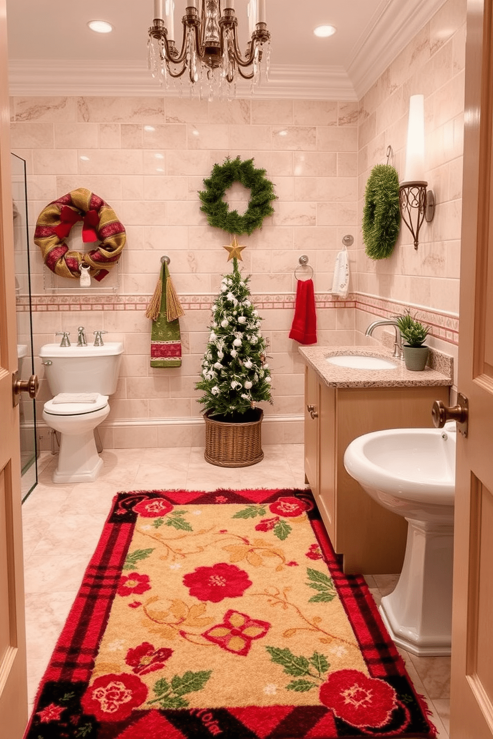 Create a cozy bathroom setting featuring a seasonal themed rug that enhances the festive decor. The rug is adorned with vibrant colors and patterns that reflect the spirit of the season, complementing the overall aesthetic of the space. Incorporate a plush texture to the rug that invites warmth and comfort underfoot. Surround the rug with elegant bathroom fixtures and accessories that harmonize with the festive theme, creating a welcoming atmosphere for guests.