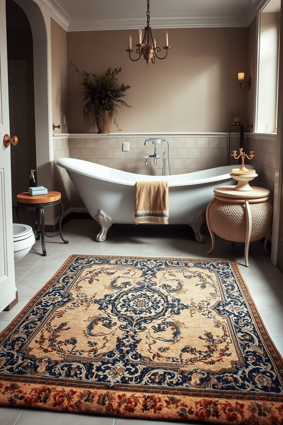 A vintage-inspired bathroom rug features intricate patterns and rich colors that evoke a sense of timeless elegance. The rug is placed in front of a freestanding bathtub, complementing the classic fixtures and soft lighting in the space. The design incorporates a blend of traditional motifs and modern comfort, providing a warm and inviting atmosphere. This rug enhances the overall aesthetic, adding a touch of sophistication to the bathroom decor.