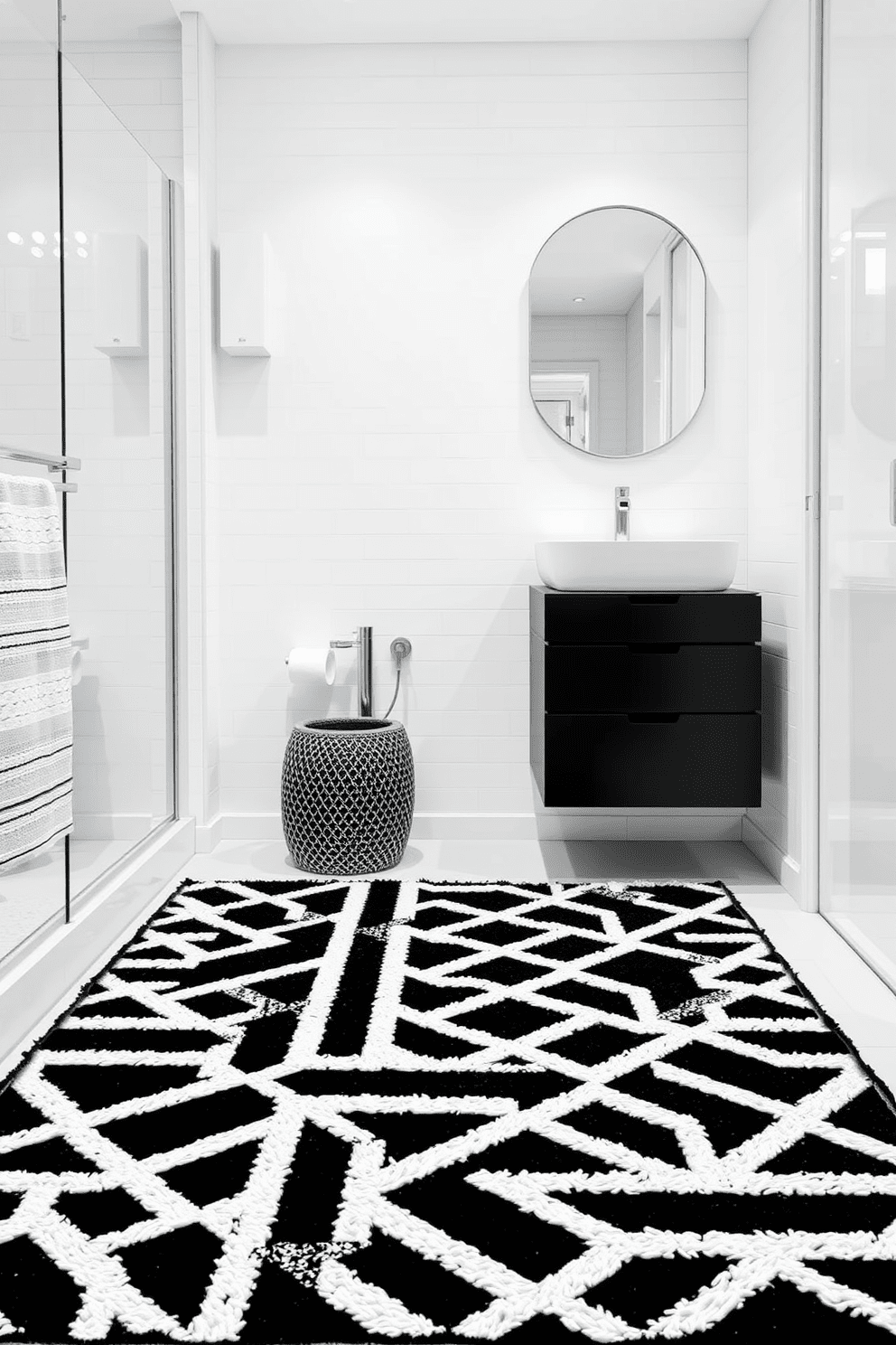 A bold monochrome bathroom rug design features a striking geometric pattern in black and white. The rug complements sleek fixtures and adds a contemporary touch to the overall modern bathroom aesthetic. The design incorporates varying textures to enhance visual interest while maintaining a cohesive color scheme. This creates a stylish focal point that ties the room together and elevates the modern style.