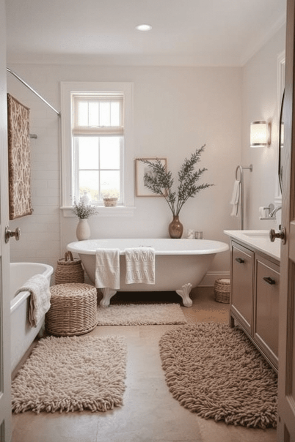 A cozy bathroom setting featuring a textured shag rug that adds warmth and comfort underfoot. The rug complements the overall decor with its soft, inviting fibers and blends seamlessly with the neutral color palette of the space. The bathroom showcases a variety of rug design ideas, including oversized options that create a focal point and smaller accent rugs that enhance the decor. Each rug is thoughtfully placed to enhance the aesthetic while providing a plush feel in the bathroom environment.