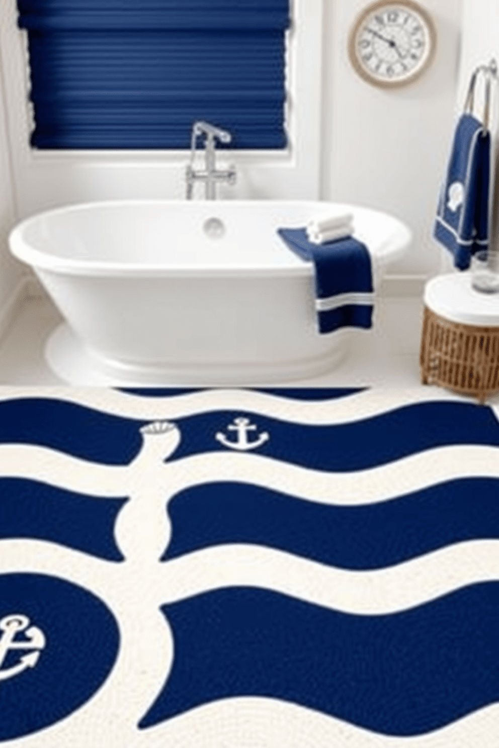 A bathroom rug design featuring bold striped patterns in navy blue and white creates a refreshing nautical vibe. The rug is placed in front of a modern freestanding bathtub, complementing the coastal theme with its soft texture and vibrant colors. Incorporate subtle accents like seashell motifs or anchors within the stripes for added charm. The overall look is completed with matching towels and decor that enhance the serene beach-inspired atmosphere.