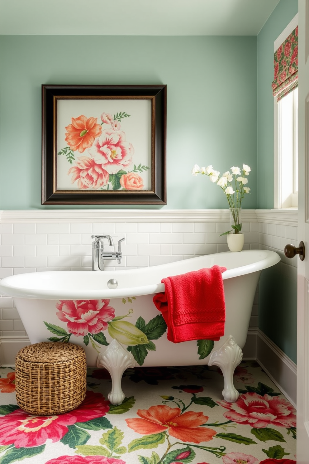 Floral prints bring a vibrant and refreshing touch to any bathroom. Consider a large area rug with a bold floral pattern that complements the overall color scheme. Incorporate soft textures and plush materials to enhance comfort. Choose a rug that is both stylish and functional, providing warmth underfoot while adding visual interest.