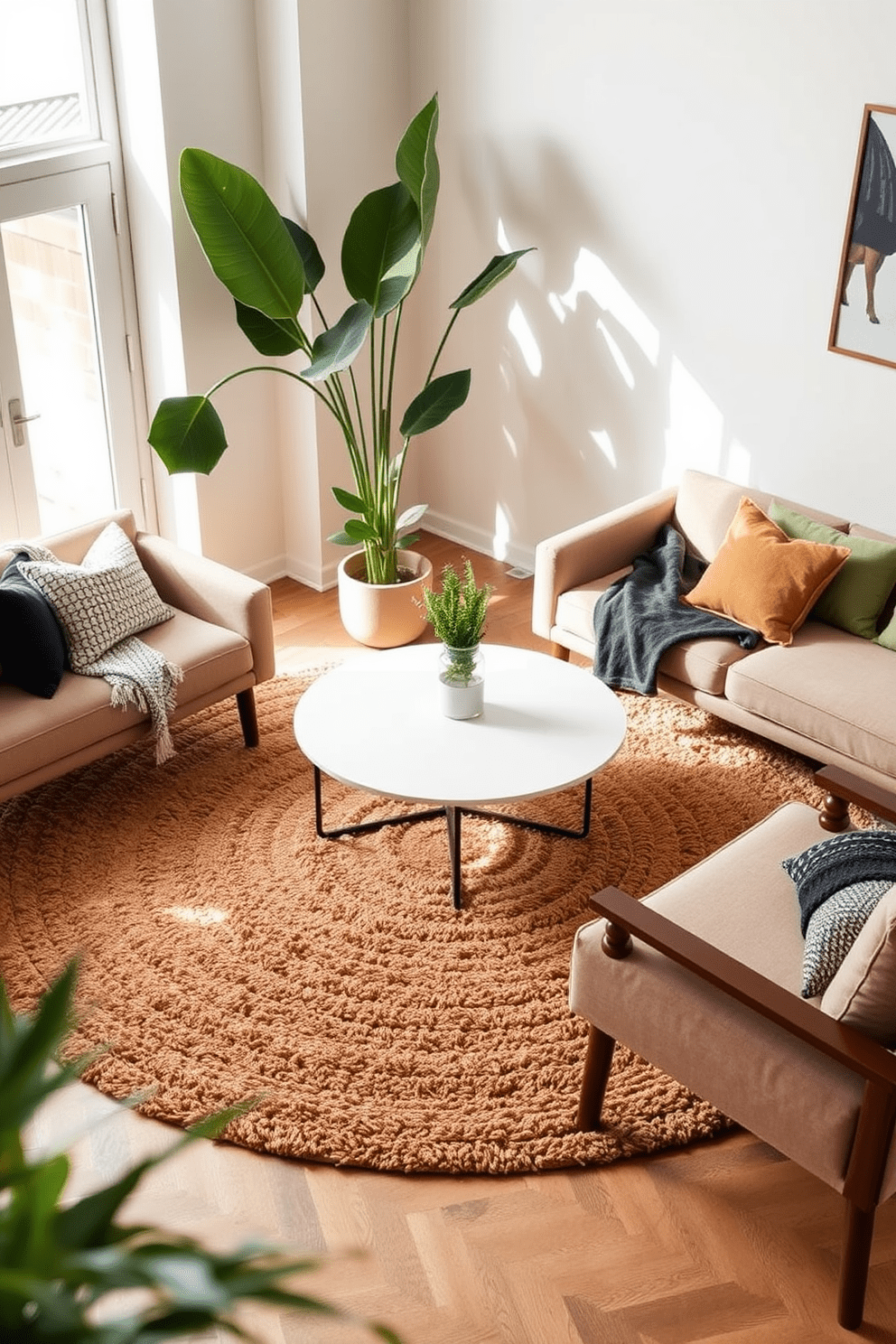 A cozy living space featuring a round rug that contrasts with sharp-edged furniture. The rug is made of soft, textured fibers in warm earth tones, adding warmth to the room. In the center of the space, the round rug harmonizes with a sleek coffee table and plush seating. Surrounding the rug, potted plants add a touch of greenery, enhancing the inviting atmosphere.