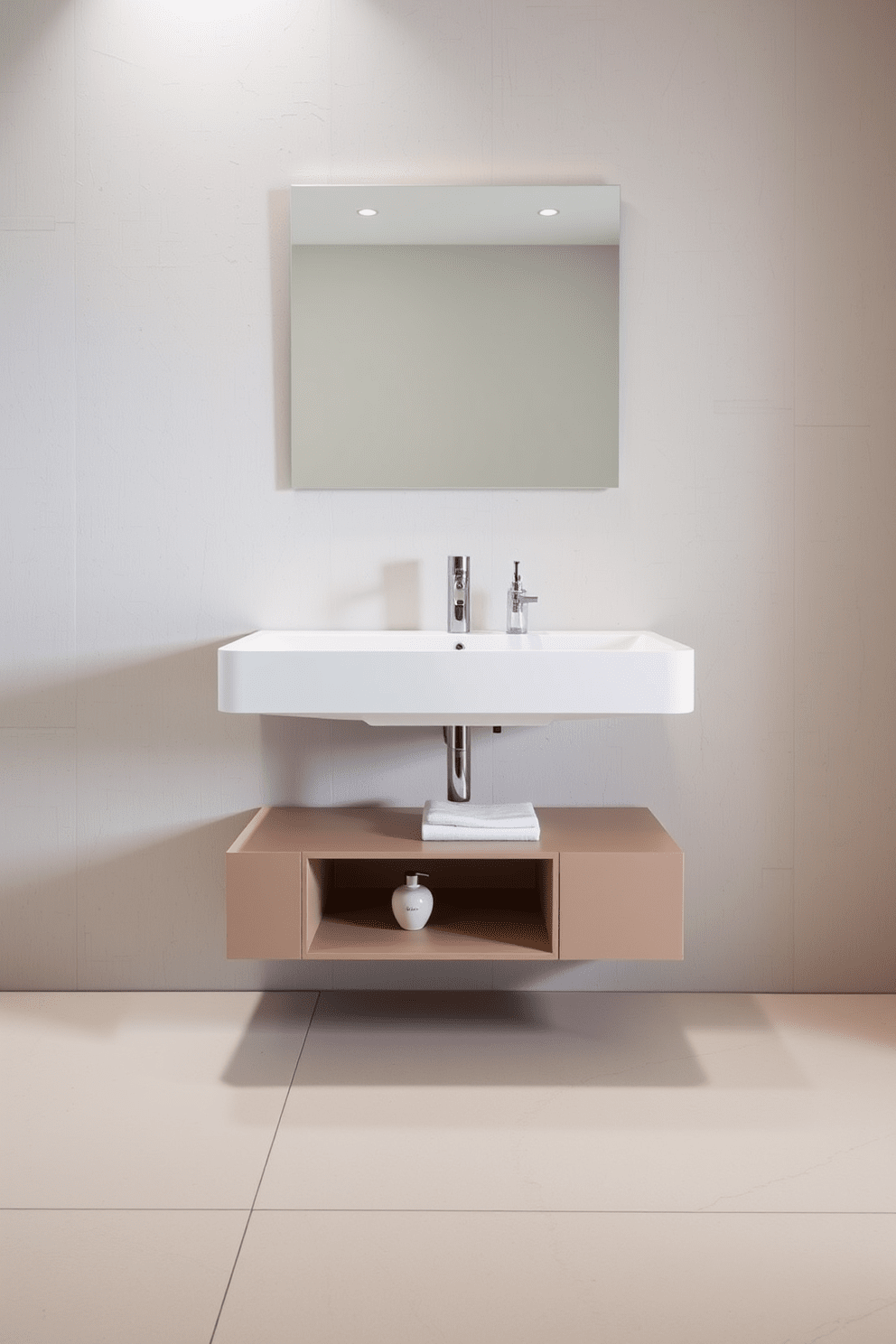 A modern floating sink with sleek lines is the centerpiece of this contemporary bathroom. The sink is mounted against a textured wall, complemented by minimalist fixtures and subtle lighting that enhances the clean aesthetic. Beneath the sink, a seamless storage unit offers both functionality and style, featuring open shelves for decorative items. The floor is adorned with large-format tiles in a neutral tone, creating a spacious and airy feel in the room.