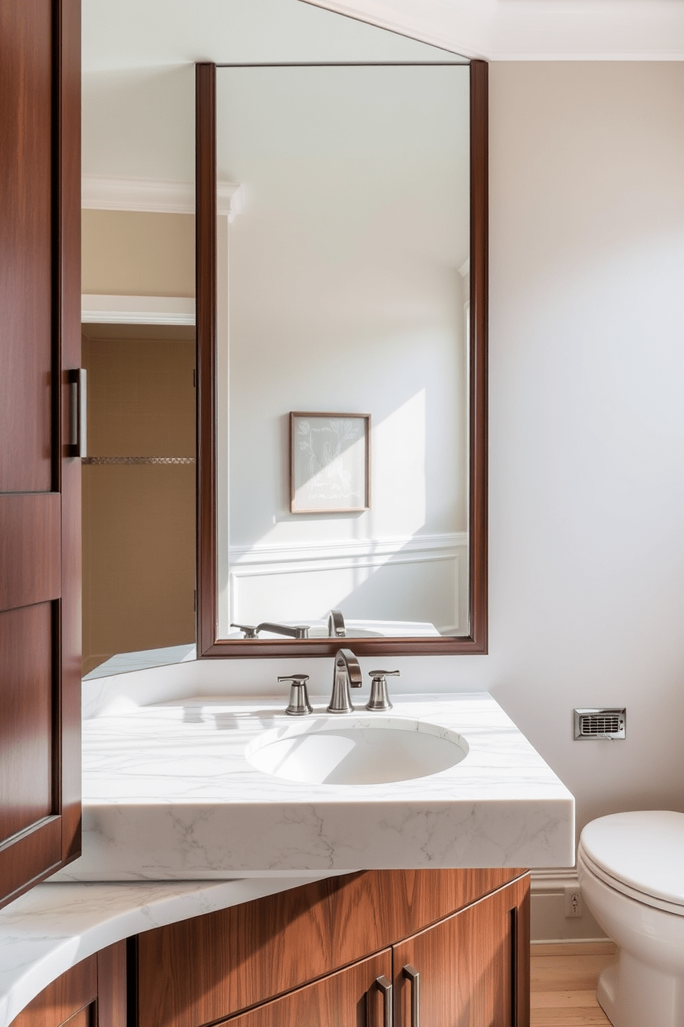 A stunning bathroom featuring a marble sink that adds a luxurious touch to the space. The sink is complemented by elegant fixtures and surrounded by rich wooden cabinetry. The walls are adorned with soft, neutral tones that enhance the overall sophistication of the design. A large mirror reflects the natural light, creating an airy and inviting atmosphere.