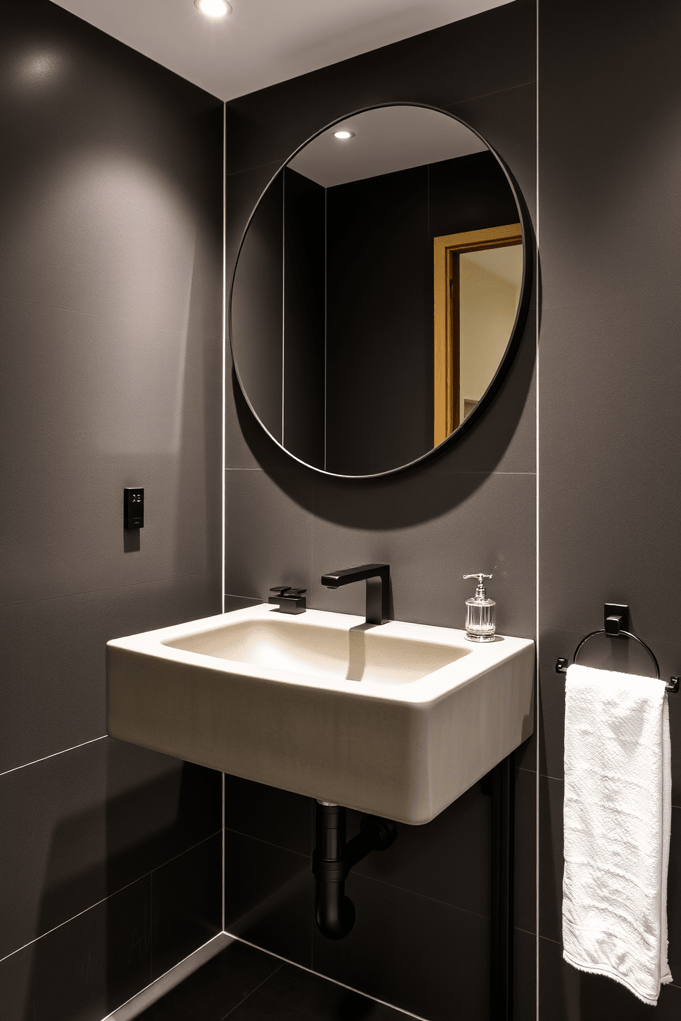 A striking bathroom design featuring a concrete sink that embodies an industrial aesthetic. The sink is complemented by exposed plumbing and sleek metal fixtures that enhance the raw, urban feel of the space. The walls are adorned with dark gray tiles, creating a bold backdrop for the minimalist design. A large round mirror hangs above the sink, reflecting the unique textures and materials that define this modern bathroom.