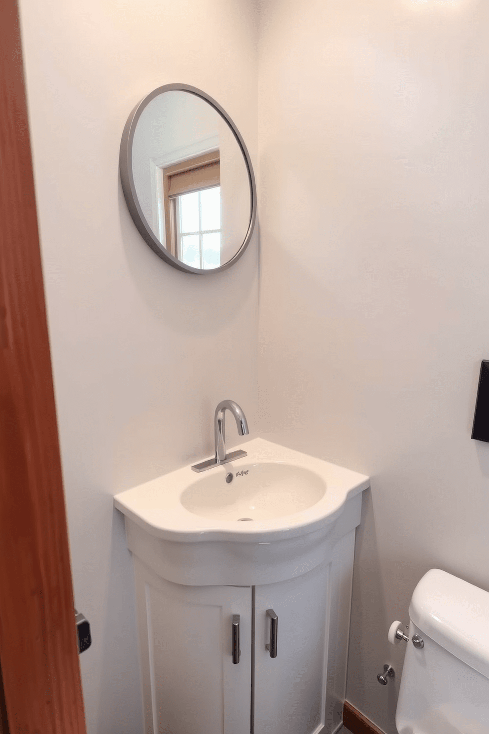 A corner sink is installed in a small bathroom, designed to optimize space while maintaining functionality. The sink features a sleek, modern design with a polished chrome faucet and a compact vanity below for storage. The walls are painted in a soft, light gray to enhance the sense of openness. A small round mirror hangs above the sink, framed in brushed nickel, reflecting the natural light from a nearby window.