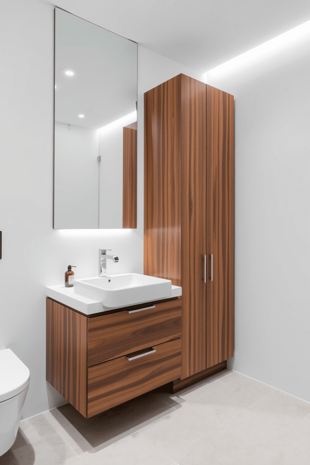 A modern integrated sink and vanity creates a seamless look in the bathroom. The vanity features a sleek countertop with an under-mount sink, offering a clean and uncluttered aesthetic. The cabinetry is finished in a rich wood tone, providing warmth and elegance. Soft LED lighting illuminates the space, highlighting the textures and colors of the materials used.