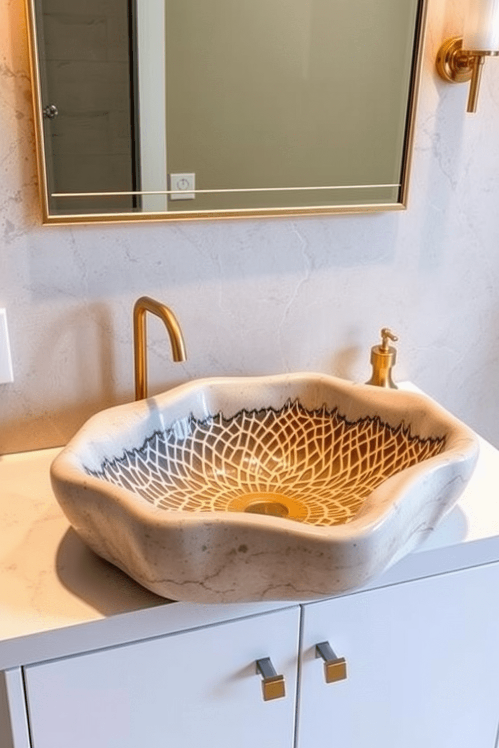 A stunning bathroom sink with an artistic shape that serves as a focal point in the space. The sink is crafted from a unique material, showcasing an intricate design that reflects the homeowner's personal style. Surrounding the sink, elegant fixtures in brushed gold complement the overall aesthetic. The vanity beneath features a sleek surface that enhances the artistic appeal of the sink while providing functional storage.