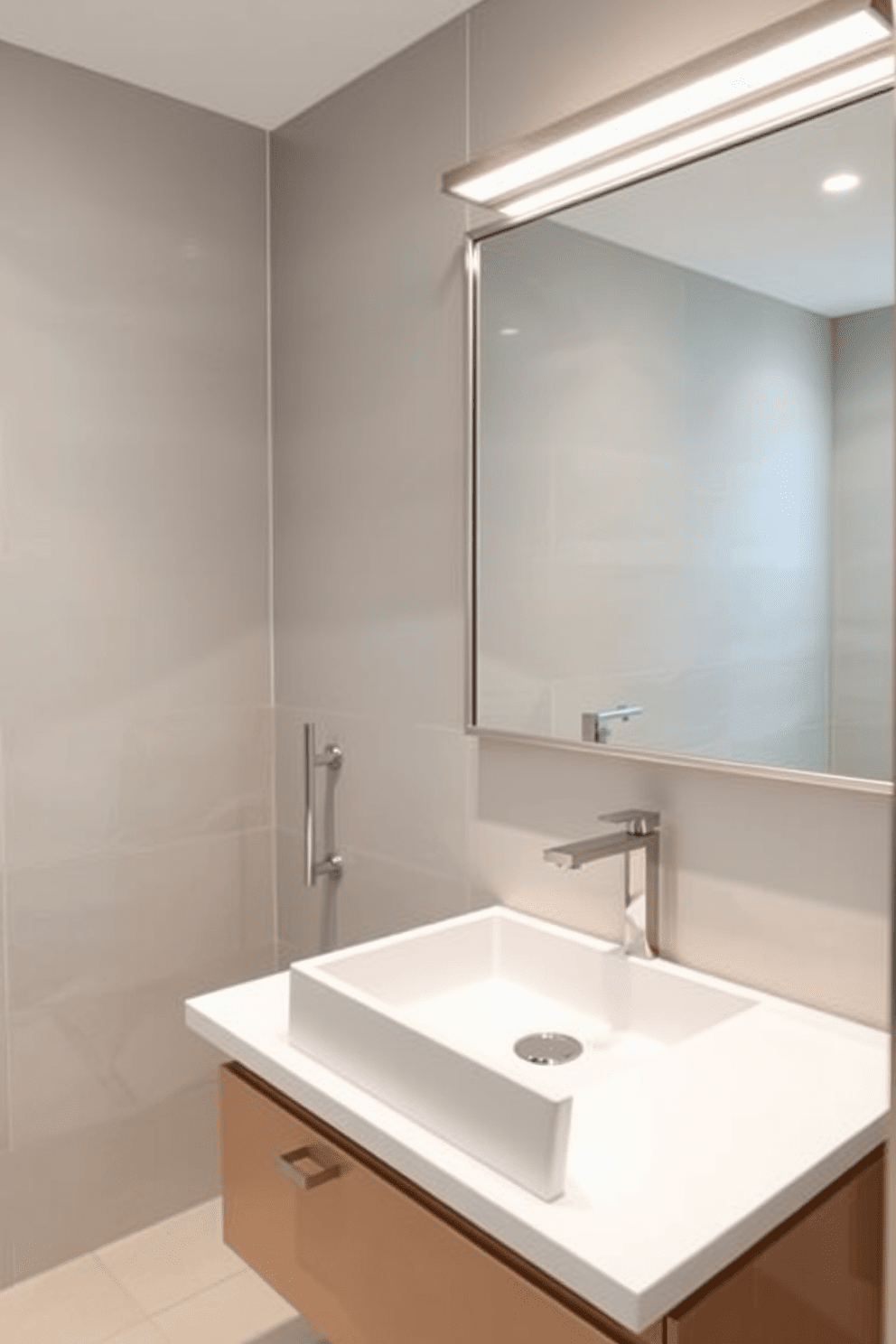 A modern bathroom featuring brushed nickel fixtures that enhance the sleek aesthetic. The sink is a minimalist design with a rectangular basin seamlessly integrated into a floating vanity with a smooth white surface. The walls are adorned with large format tiles in a soft gray hue, creating a serene backdrop. A large mirror with a brushed nickel frame reflects the elegant fixtures and adds depth to the space.