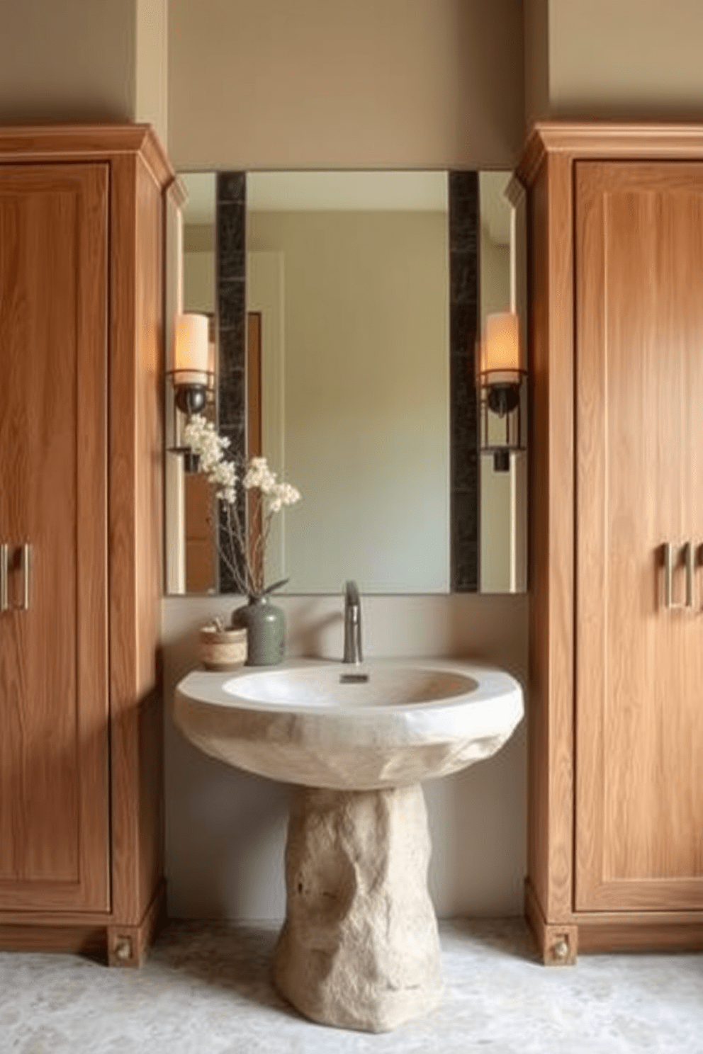 A natural stone sink is the centerpiece of this serene bathroom design. The sink is crafted from smooth, light-colored stone, blending seamlessly with the surrounding decor. Flanking the sink are elegant wooden cabinets with a warm finish that adds a touch of rustic charm. The walls are adorned with soft, earthy tones, creating a calming atmosphere throughout the space.