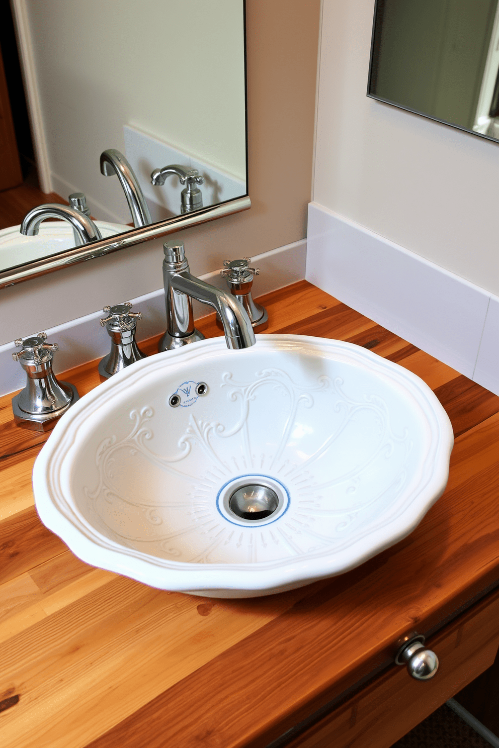 A vintage-inspired sink with intricate porcelain detailing is the centerpiece of the bathroom. The sink is paired with sleek modern plumbing that contrasts beautifully with its classic design. Surrounding the sink are elegant fixtures in polished chrome, enhancing the vintage aesthetic. The countertop is made of reclaimed wood, adding warmth and character to the overall look.