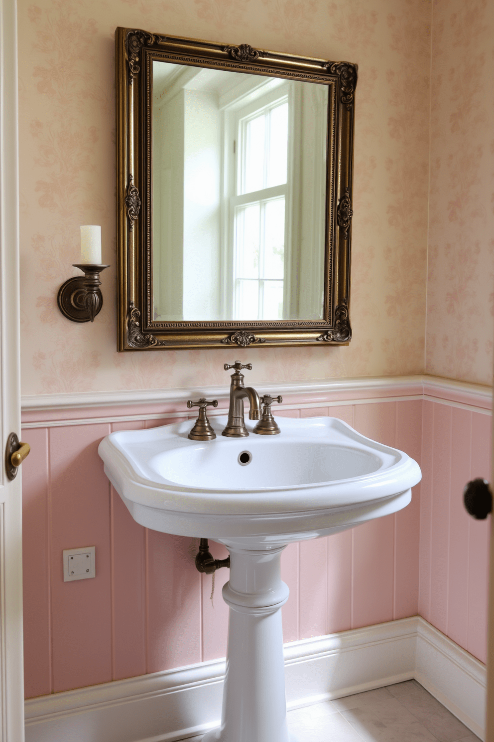 A vintage pedestal sink exudes classic charm and elegance in a beautifully designed bathroom. The sink is paired with a wall-mounted faucet featuring intricate detailing, enhancing the timeless aesthetic. The surrounding walls are adorned with soft pastel wallpaper, adding a touch of warmth to the space. A large framed mirror hangs above the sink, reflecting the natural light that floods the room through a nearby window.