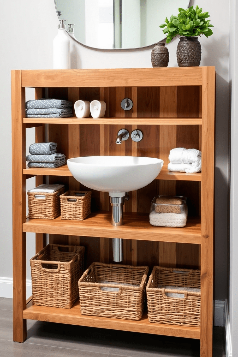 A stylish sink design features a sleek ceramic basin mounted on an elegant open shelving unit. The shelving is made of reclaimed wood, showcasing neatly arranged towels and decorative baskets for storage.