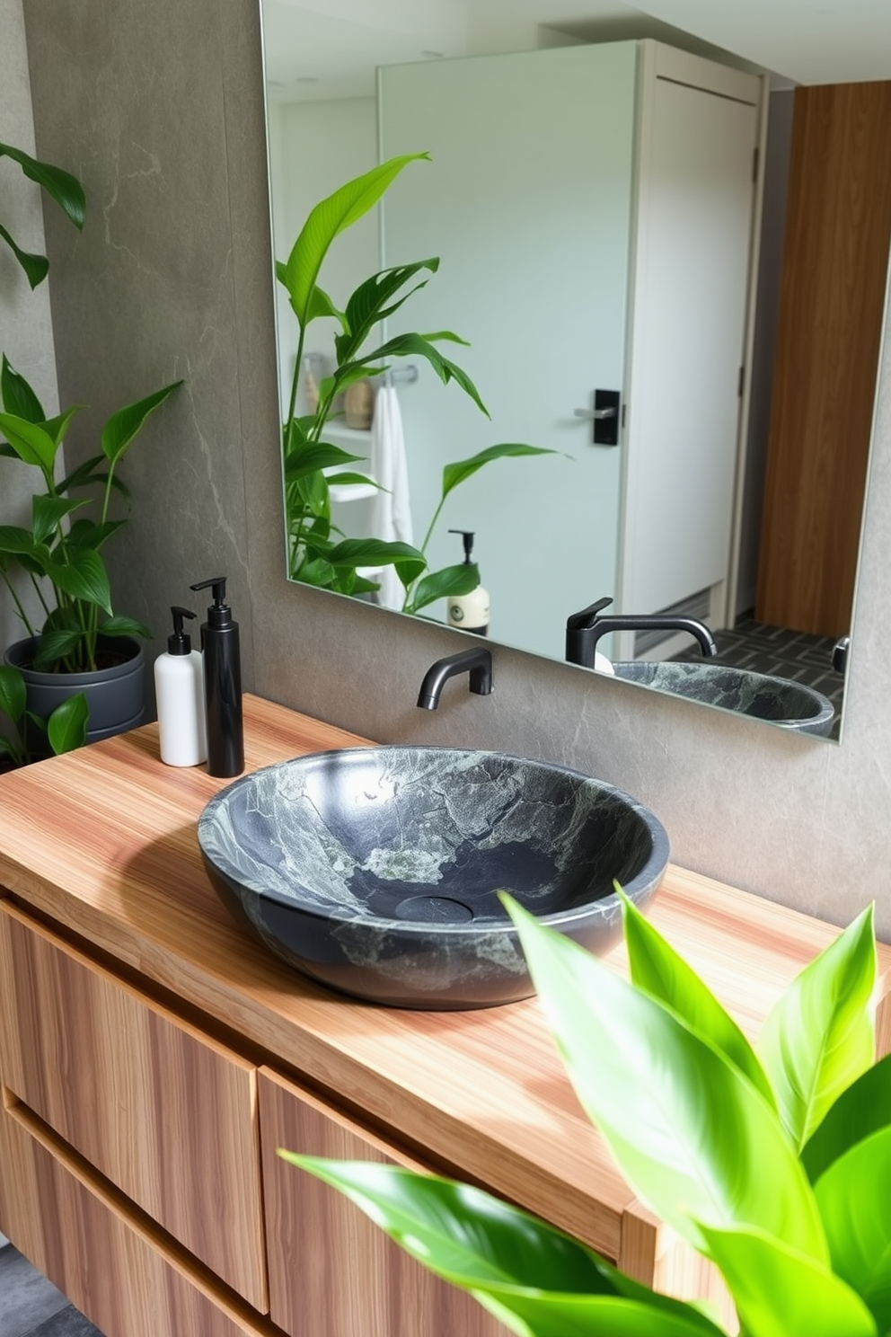 A modern bathroom featuring an eco-friendly sink crafted from recycled materials. The sink is elegantly integrated into a sleek wooden vanity with natural finishes, surrounded by lush green plants for a refreshing atmosphere.