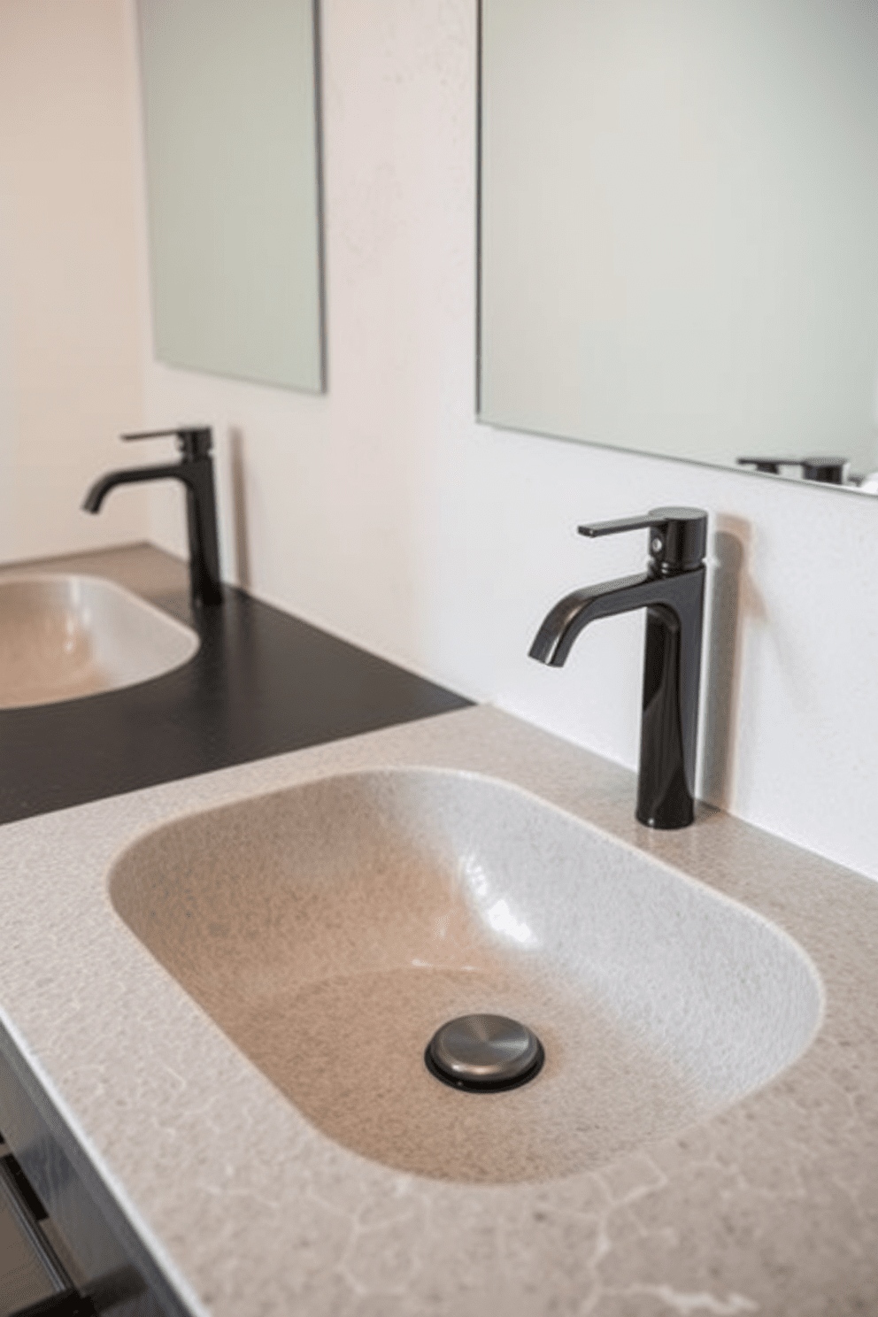 A textured sink surface with unique patterns and finishes adds visual interest to the bathroom. Consider incorporating materials like stone or concrete for a modern touch that complements the overall design. Pair the textured sink with sleek, contemporary faucets to create a harmonious look. A contrasting countertop can enhance the sink's texture while providing a functional workspace in the bathroom.