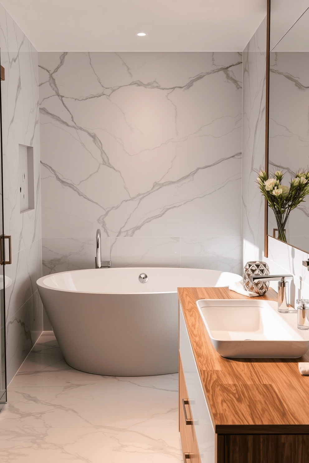 A luxurious freestanding tub is positioned in the center of the bathroom, surrounded by elegant marble tiles. The tub features a sleek design with a polished chrome faucet that adds a touch of sophistication. Next to the tub, a stylish integrated sink is seamlessly incorporated into a beautiful wooden vanity. The vanity showcases rich finishes and is adorned with decorative accessories that enhance the overall aesthetic of the space.