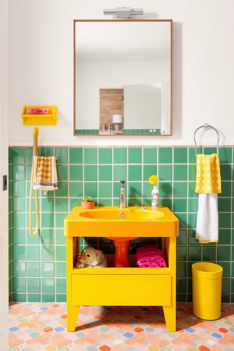 A brightly colored sink serves as a playful focal point in a modern bathroom. Surrounding the sink, vibrant tiles and cheerful accessories enhance the lively atmosphere.