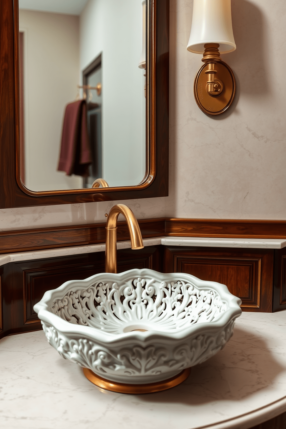 An elegant sink with intricate detailing sits prominently in the center of the bathroom. The sink features a unique floral pattern carved into the porcelain, complemented by a polished gold faucet that adds a touch of luxury. Surrounding the sink is a custom vanity crafted from rich mahogany wood. The countertop is adorned with a subtle marble finish that enhances the overall sophistication of the space.