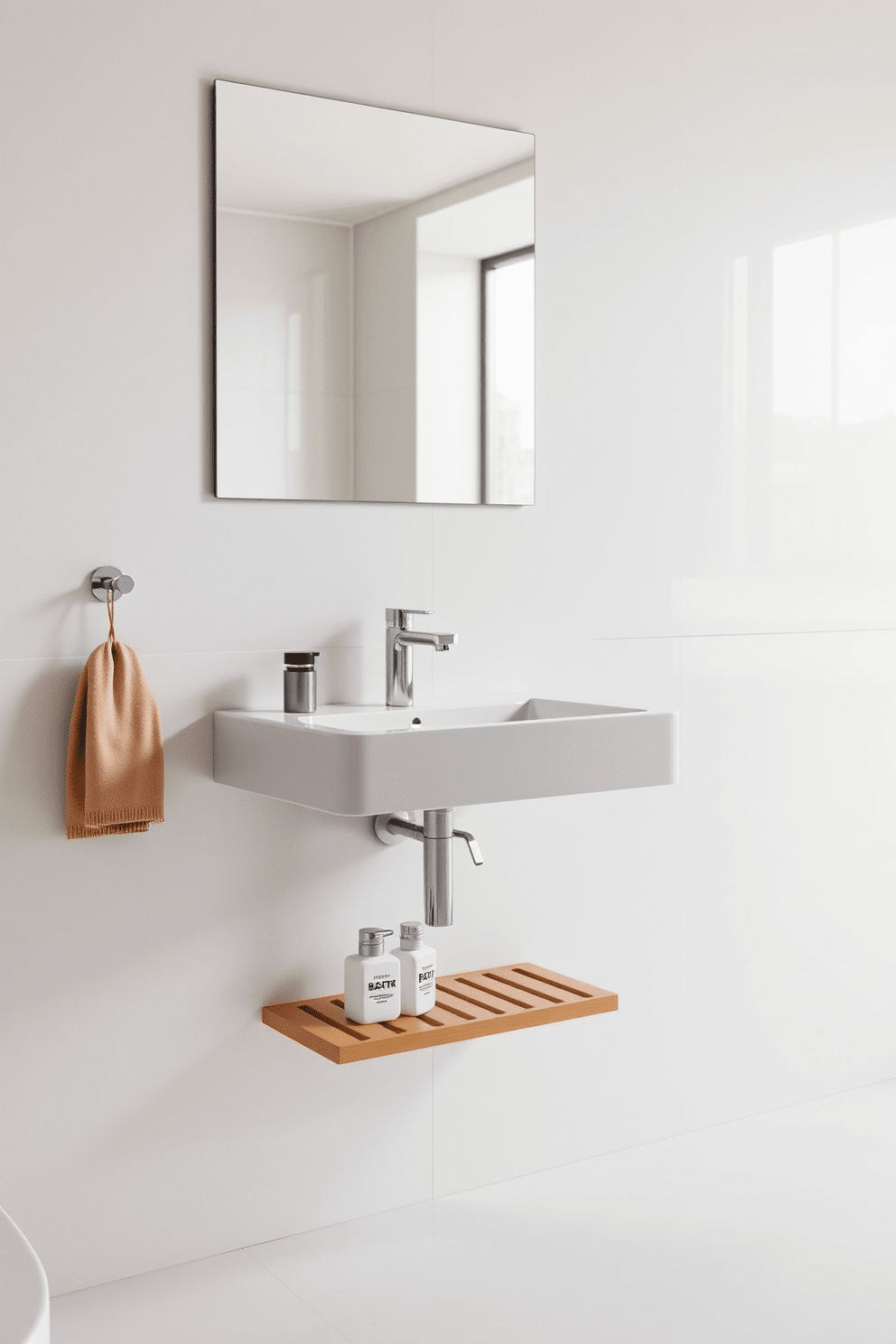 A modern bathroom features a sleek wall-mounted sink that frees up valuable floor space. The sink is paired with minimalist fixtures and complemented by a large mirror that enhances the sense of openness. The walls are adorned with light-colored tiles that reflect natural light, creating a bright and airy atmosphere. Below the sink, a small wooden shelf holds neatly arranged toiletries, adding a touch of warmth to the design.