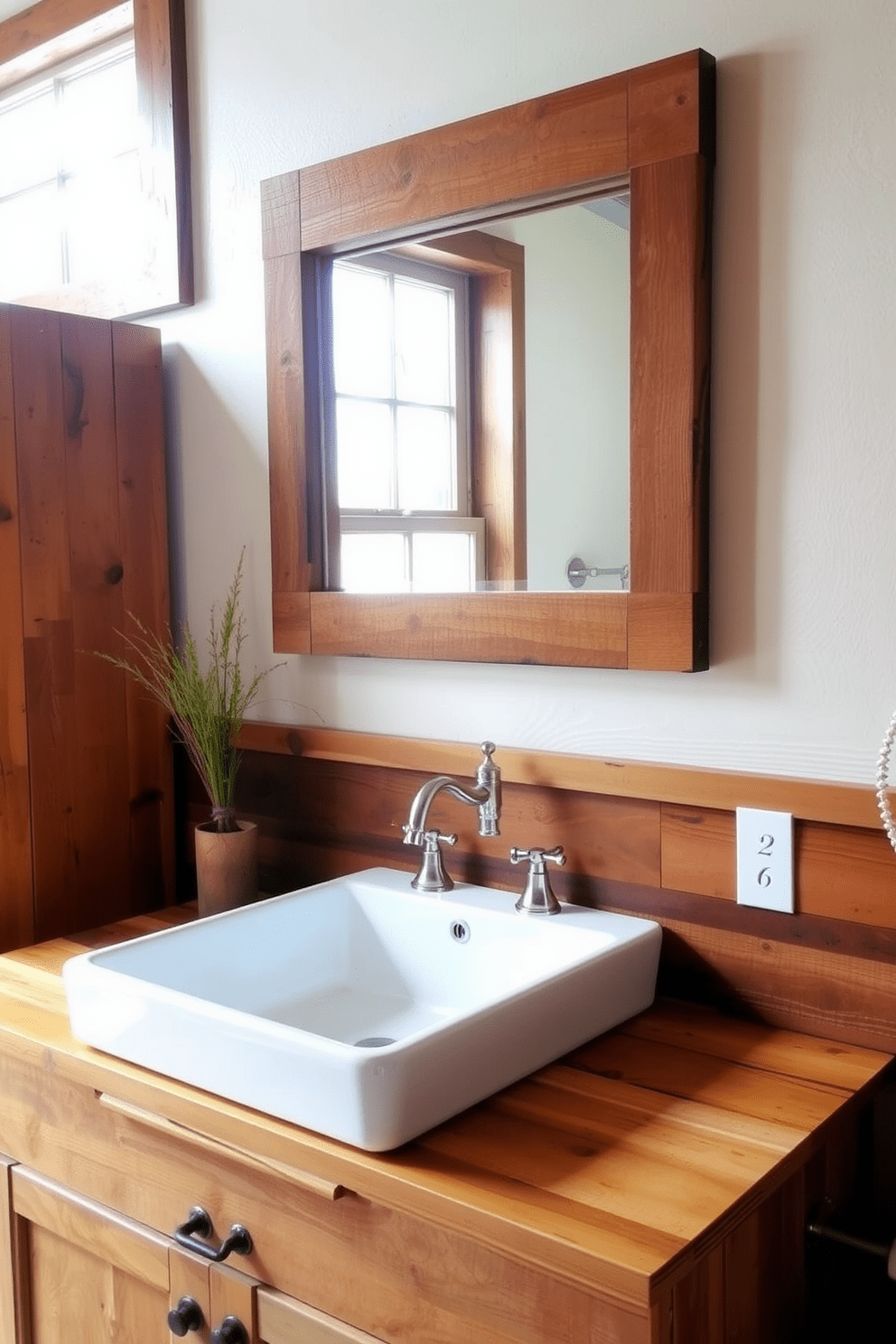 A rustic farmhouse sink made of white porcelain is the centerpiece of the bathroom. Surrounding it are warm wooden accents, including a handcrafted wooden vanity with a distressed finish. The faucet is a vintage-style chrome fixture that complements the farmhouse aesthetic. Above the sink, a large mirror with a reclaimed wood frame reflects the natural light coming through a nearby window.