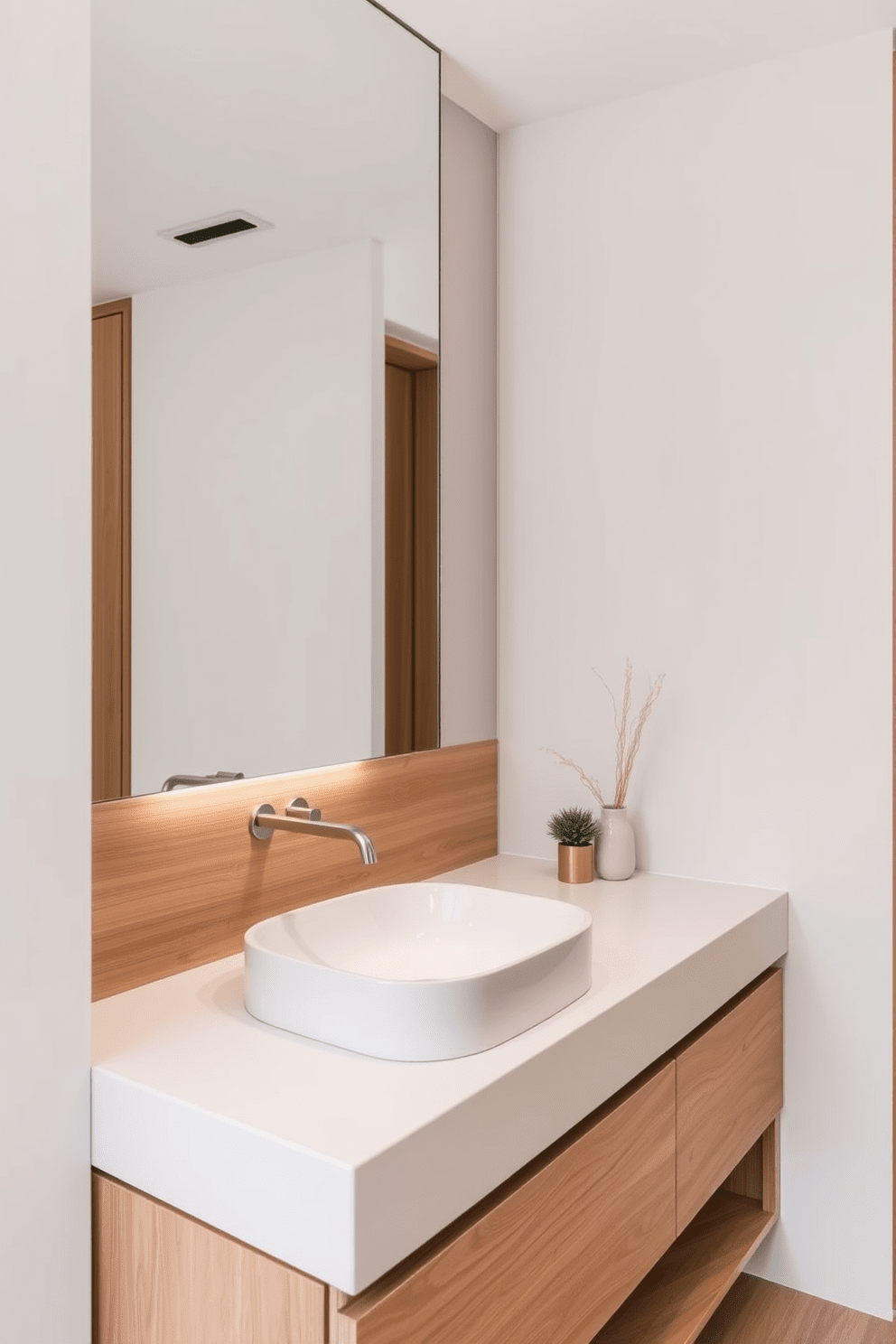 A minimalist sink design featuring an integrated countertop that seamlessly blends into the overall aesthetic. The sink is crafted from white porcelain with clean lines, complemented by a sleek, wall-mounted faucet in brushed nickel. The surrounding space is adorned with natural wood accents and soft, neutral tones. A large mirror with a simple frame reflects the serene atmosphere, enhancing the feeling of openness in the bathroom.