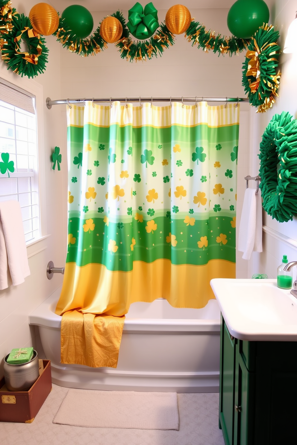 A vibrant bathroom scene featuring a green and gold themed shower curtain that elegantly drapes over the tub. The walls are adorned with festive St. Patrick's Day decorations, including shamrocks and golden accents that create a cheerful atmosphere.