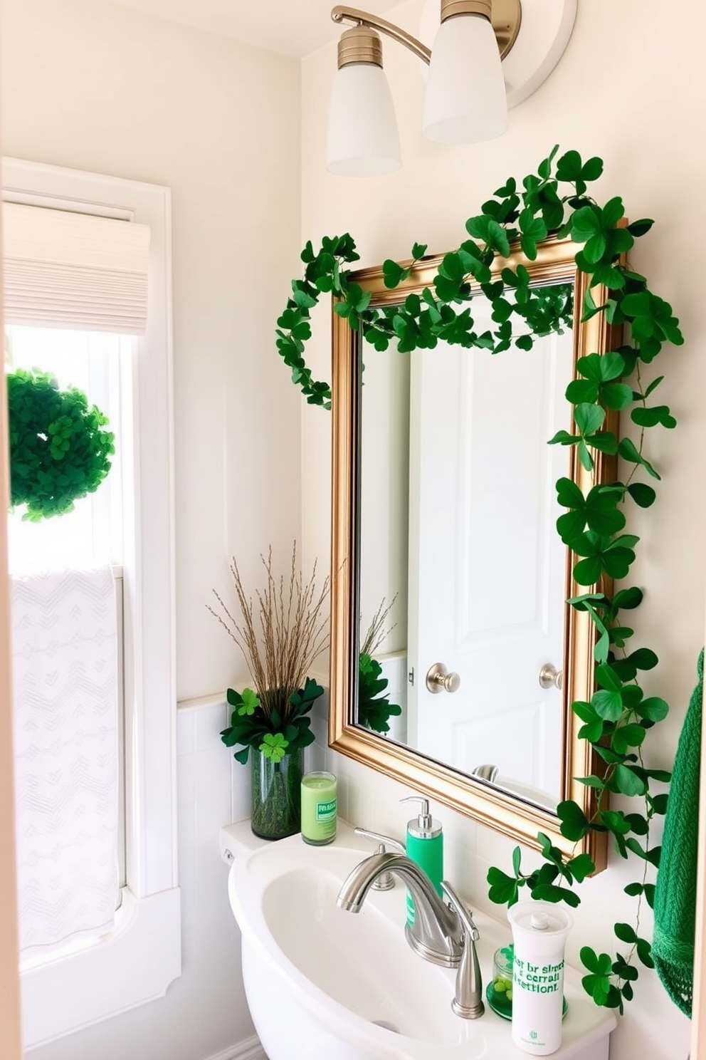 A charming bathroom adorned for St. Patrick's Day with a shamrock garland elegantly draped around the mirror. The space features soft green accents and festive decorations that create a warm and inviting atmosphere.