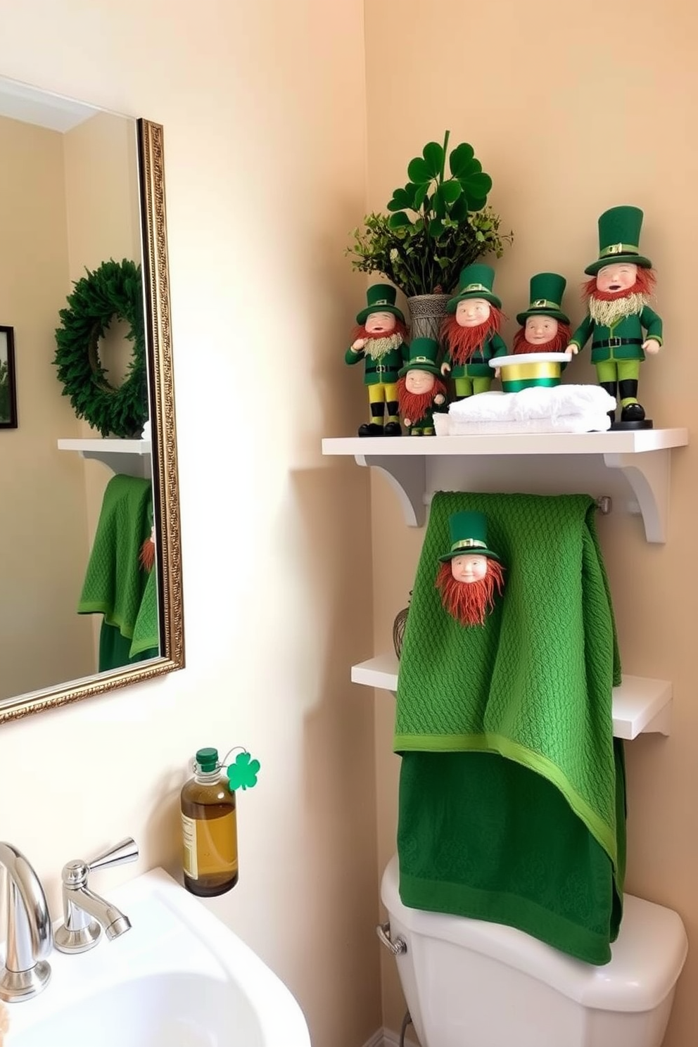 A cozy bathroom adorned with St. Patrick's Day decorations. On the shelves, charming leprechaun figurines are playfully arranged, adding a whimsical touch to the space. The walls are painted in a soft cream color, creating a warm backdrop for the festive decor. Green and gold accents are incorporated through towels and accessories, enhancing the holiday spirit.