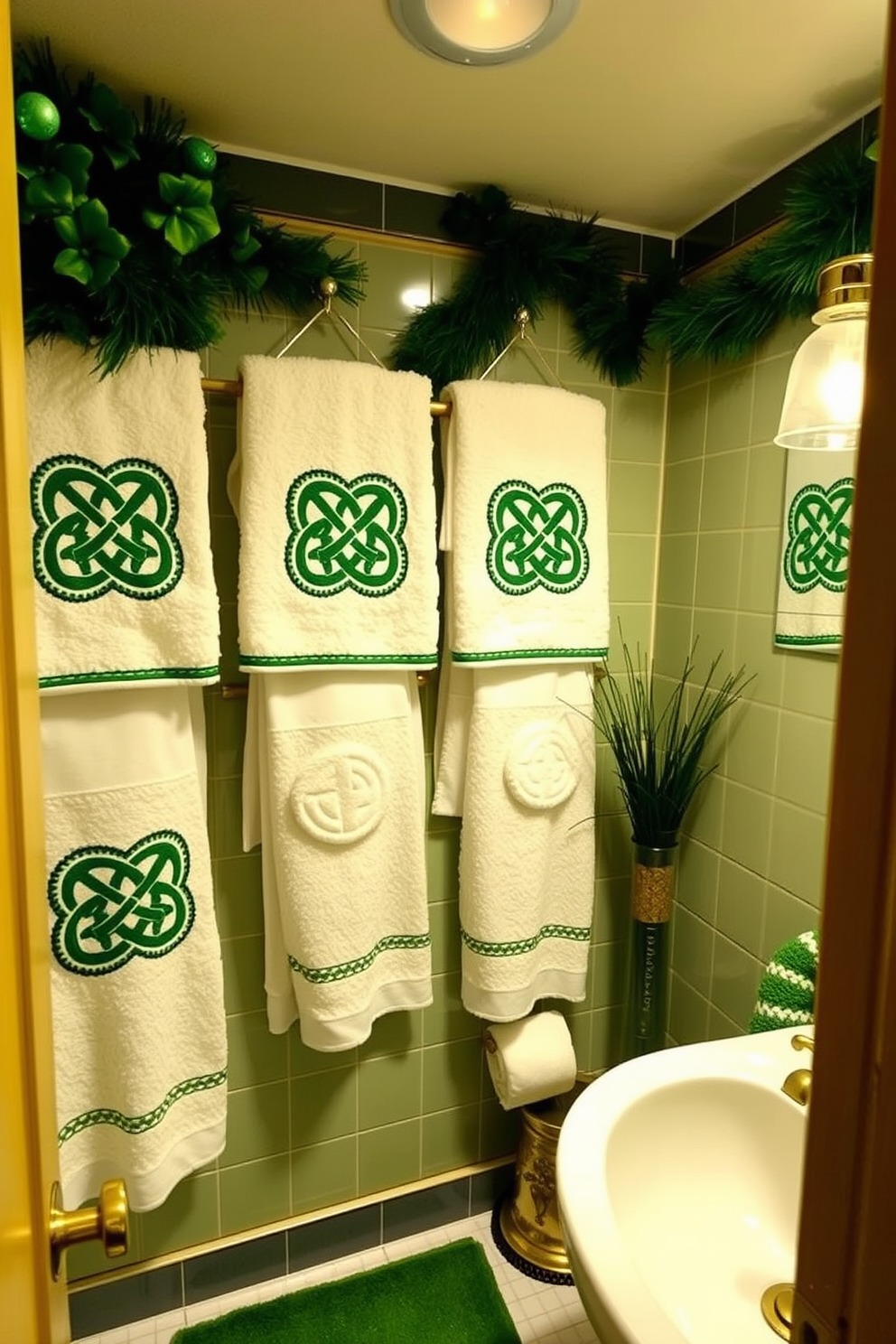 A cozy bathroom adorned with Celtic knot designs on plush towels. The space is enhanced with green and gold accents to celebrate St. Patrick's Day, creating a festive yet elegant atmosphere.