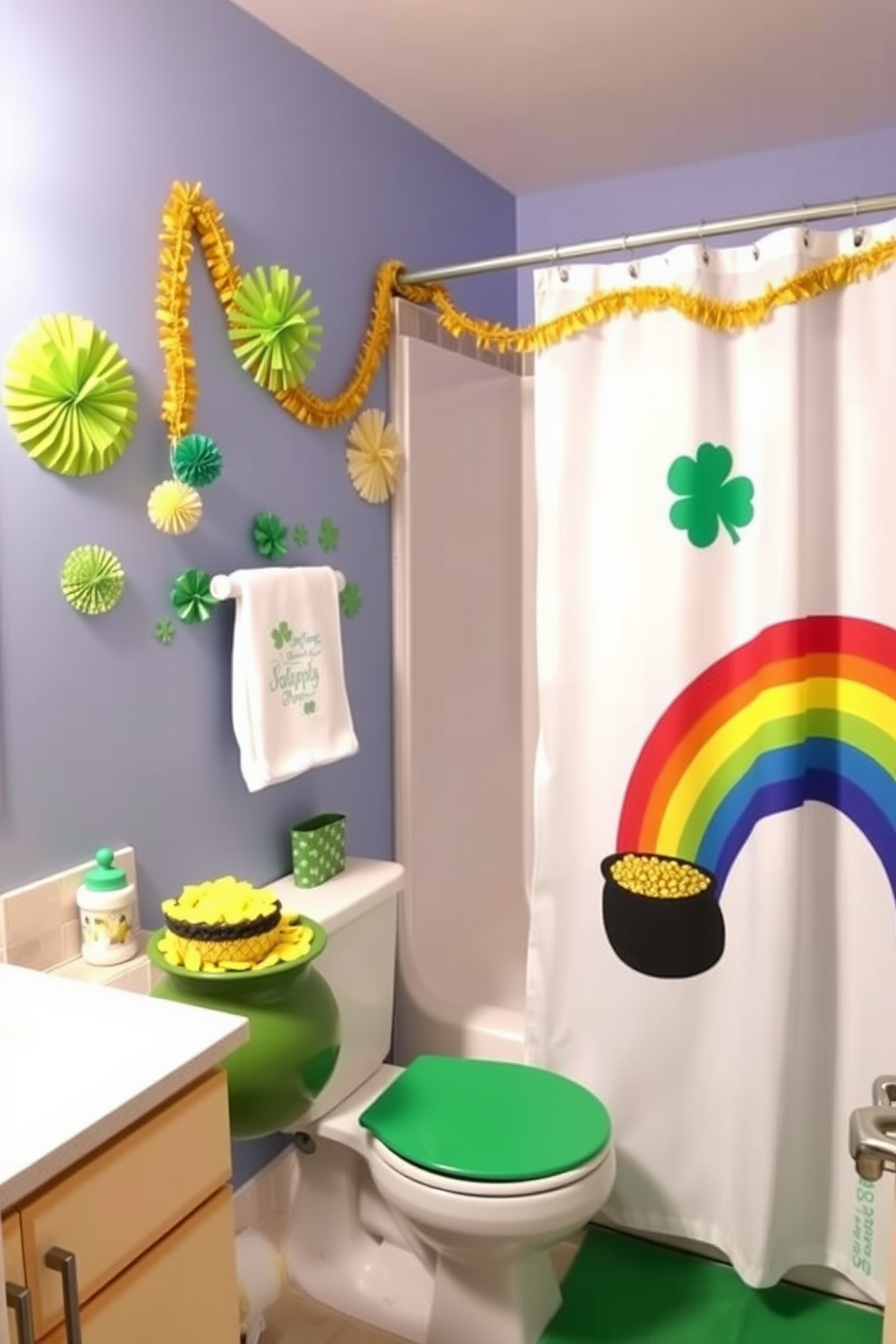 A vibrant bathroom setting inspired by St. Patrick's Day. The decor features rainbow-colored accents and a whimsical pot of gold placed on the countertop. The walls are adorned with cheerful green and gold decorations. A festive shower curtain showcases a colorful rainbow design, enhancing the holiday spirit.