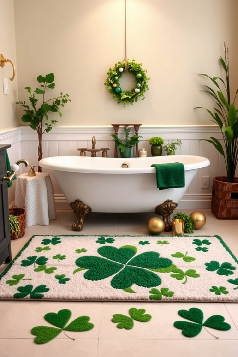 A cozy bathroom setting featuring a seasonal rug adorned with clovers. The rug is placed in front of a freestanding tub surrounded by green accents and festive decorations. On the walls, subtle touches of gold and white create a harmonious backdrop. Fresh green plants are strategically placed to enhance the St. Patrick's Day theme.