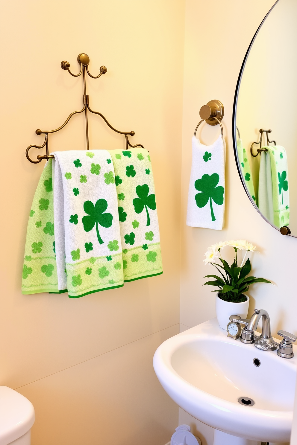 A cozy bathroom adorned with St Patrick's Day themed hand towels featuring vibrant green hues and playful shamrock patterns. The towels are neatly displayed on a decorative rack next to a charming sink, surrounded by subtle gold accents and fresh white flowers. The walls are painted in a soft cream color, creating a warm and inviting atmosphere. A small potted plant sits on the countertop, adding a touch of nature to the festive decor.