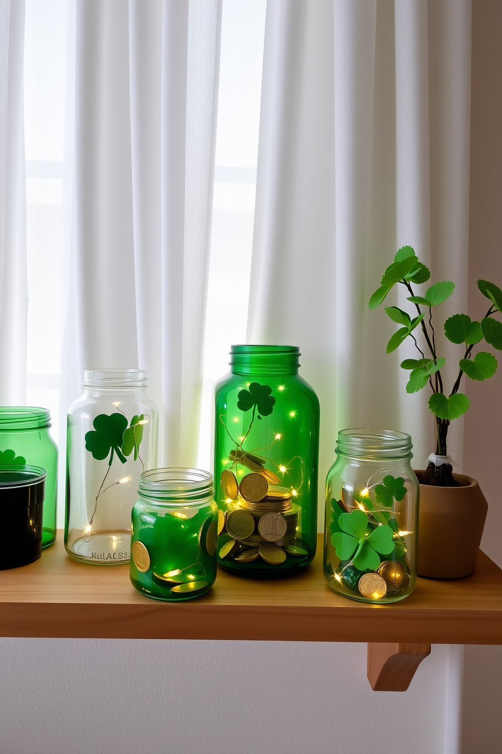 A collection of decorative green glass jars in various shapes and sizes is arranged on a wooden shelf. Each jar is filled with festive St. Patrick's Day themed items such as shamrocks, gold coins, and twinkling fairy lights. The jars are complemented by a backdrop of soft white curtains that allow natural light to filter through. A small potted plant with vibrant green leaves sits next to the jars, enhancing the festive atmosphere.