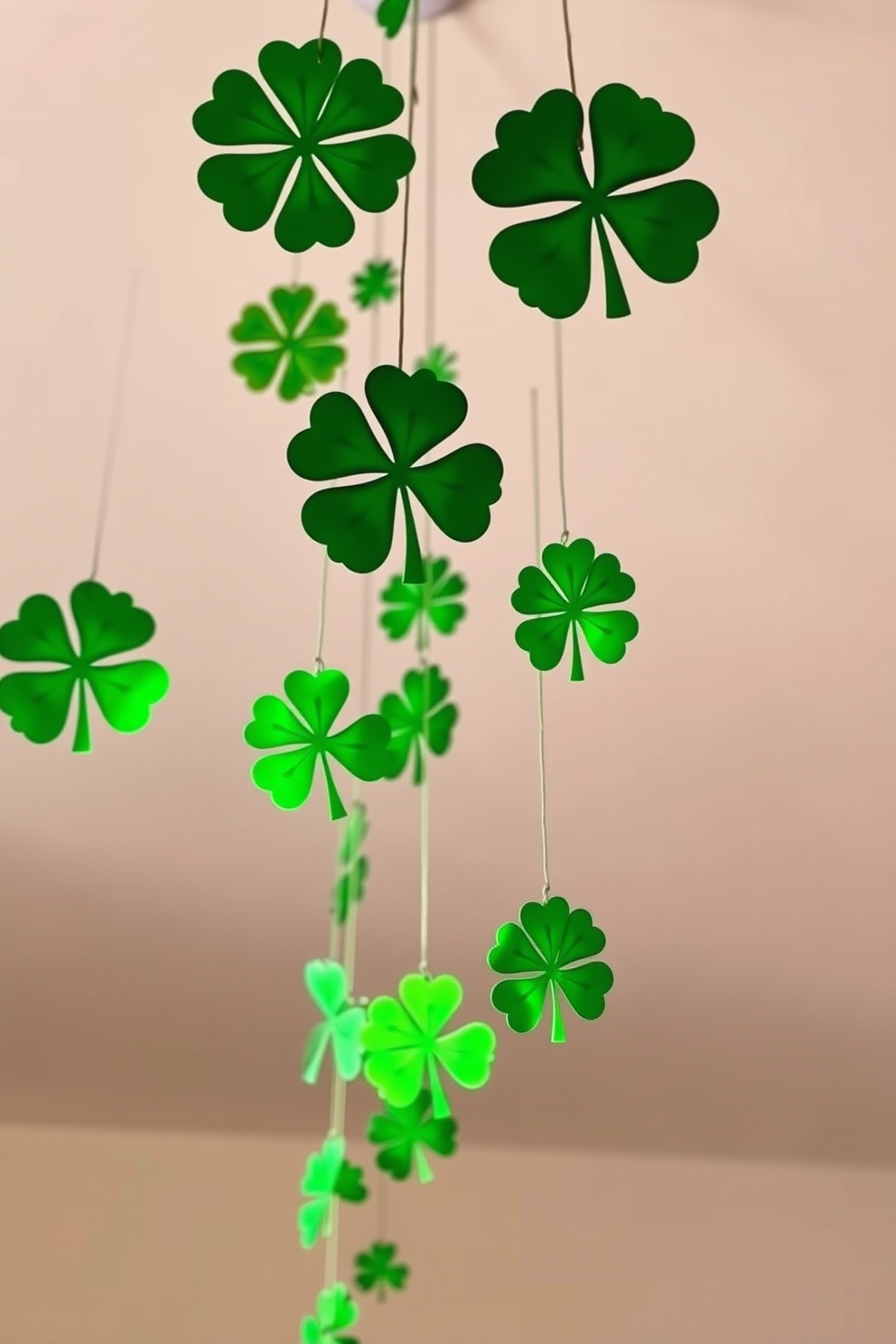 Hanging shamrock ornaments gracefully dangle from the ceiling, creating a festive atmosphere. The vibrant green of the shamrocks contrasts beautifully with the soft white ceiling, enhancing the St. Patrick's Day theme.