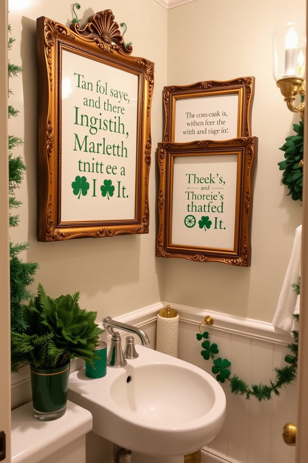 A charming bathroom adorned with whimsical Irish quotes framed in elegant wooden frames. The decor features green and gold accents, with playful St. Patrick's Day elements like shamrock motifs and festive garlands.