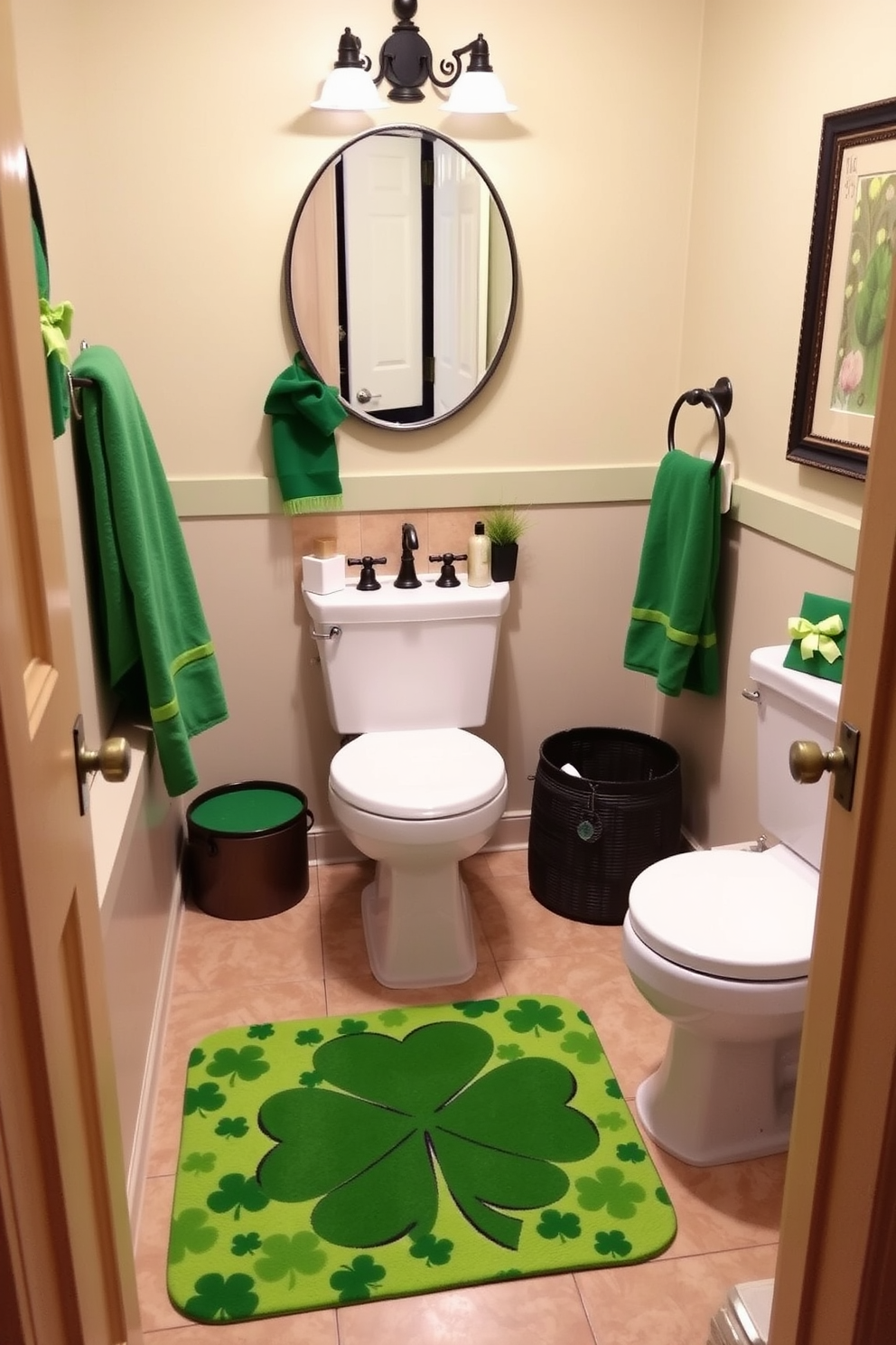 A charming bathroom decorated for St. Patrick's Day features a shamrock patterned bath mat that adds a festive touch to the space. The walls are adorned with subtle green accents, and decorative elements such as green towels and themed artwork enhance the holiday spirit.