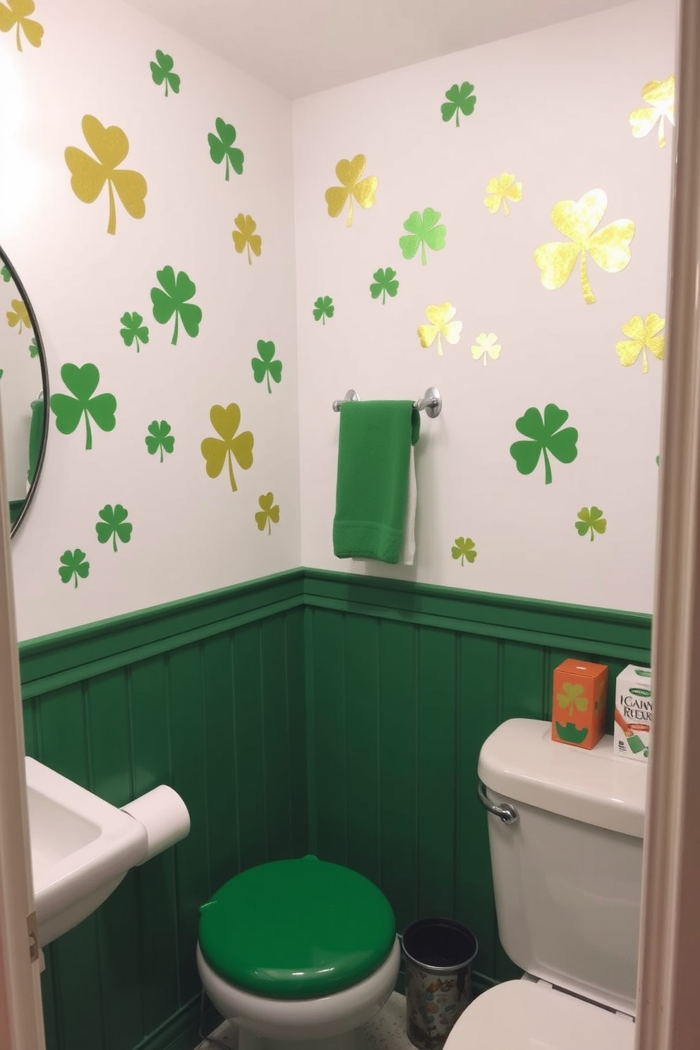 Create a festive St. Patrick's Day themed bathroom with gold foil shamrock wall stickers adorning the walls. The decor features a vibrant green color palette complemented by white accents, creating a cheerful and inviting atmosphere.