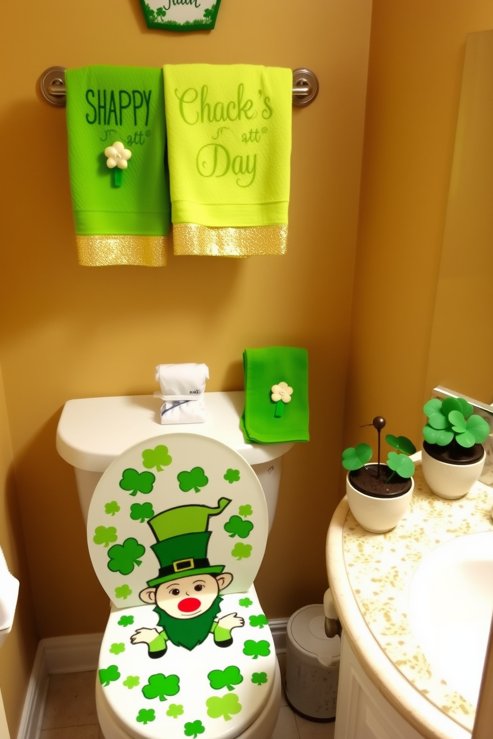 A whimsical bathroom setting decorated for St. Patrick's Day. The toilet cover is adorned with vibrant green shamrocks and a cheerful leprechaun design, bringing festive charm to the space. Bright green towels with gold accents are neatly arranged on the towel rack. A small potted shamrock plant sits on the sink countertop, adding a touch of nature to the holiday decor.