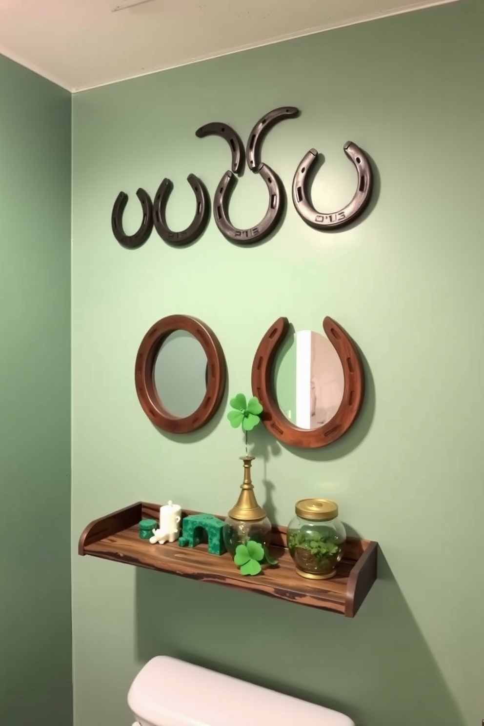 A charming bathroom adorned with lucky horseshoe wall decor. The horseshoes are arranged in a creative pattern above a rustic wooden shelf that holds green and gold accents for St. Patrick's Day.