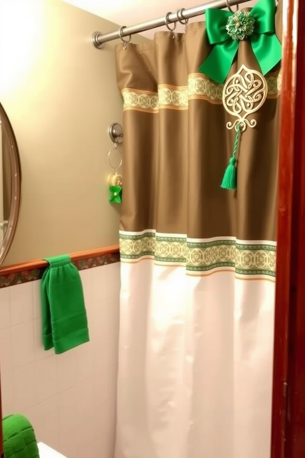 A charming bathroom adorned with Celtic pattern shower curtain hooks that add a touch of Irish heritage. The decor features green and gold accents to celebrate St. Patrick's Day, creating a festive and inviting atmosphere.