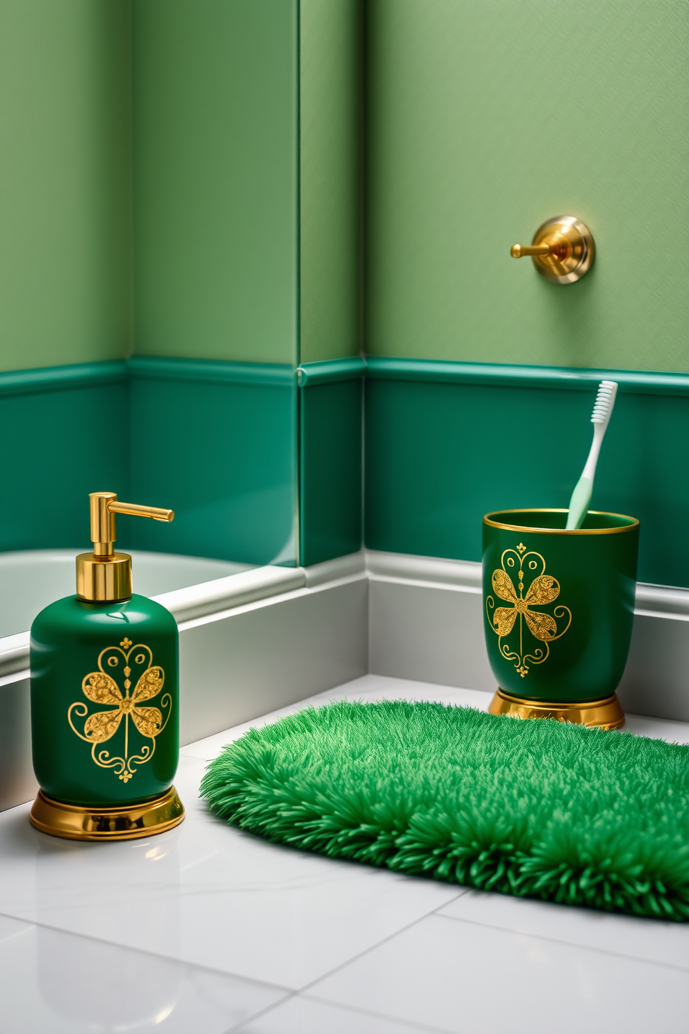 A serene bathroom scene featuring an elegant green and gold bath accessories set. The accessories include a soap dispenser, a toothbrush holder, and a plush bath mat, all adorned with intricate designs that celebrate St. Patrick's Day. The walls are decorated with subtle shamrock patterns, creating a festive yet sophisticated atmosphere. Soft lighting illuminates the space, enhancing the rich green tones and the shimmering gold accents throughout the room.