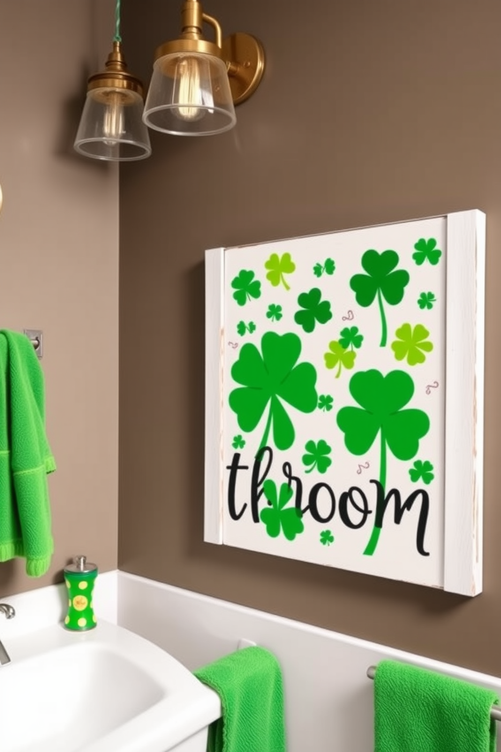 Create a charming festive bathroom sign featuring vibrant shamrocks in various shades of green. The sign should incorporate playful typography that captures the spirit of St. Patrick's Day while complementing the overall decor of the bathroom. Design St. Patrick's Day decorating ideas for a bathroom that include green and gold accents. Incorporate themed accessories such as towels, shower curtains, and decorative items that reflect the holiday's festive atmosphere.