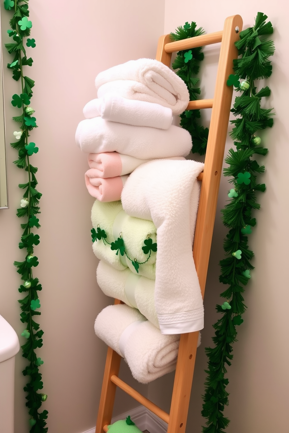 A decorative ladder is leaning against the wall, showcasing an array of soft, fluffy towels in various pastel colors. Surrounding the ladder are charming St. Patrick's Day decorations, including green garlands and small shamrock accents, creating a festive atmosphere. The ladder is made of natural wood, adding warmth to the bathroom space. Soft lighting illuminates the area, highlighting the playful holiday decor while maintaining an elegant aesthetic.