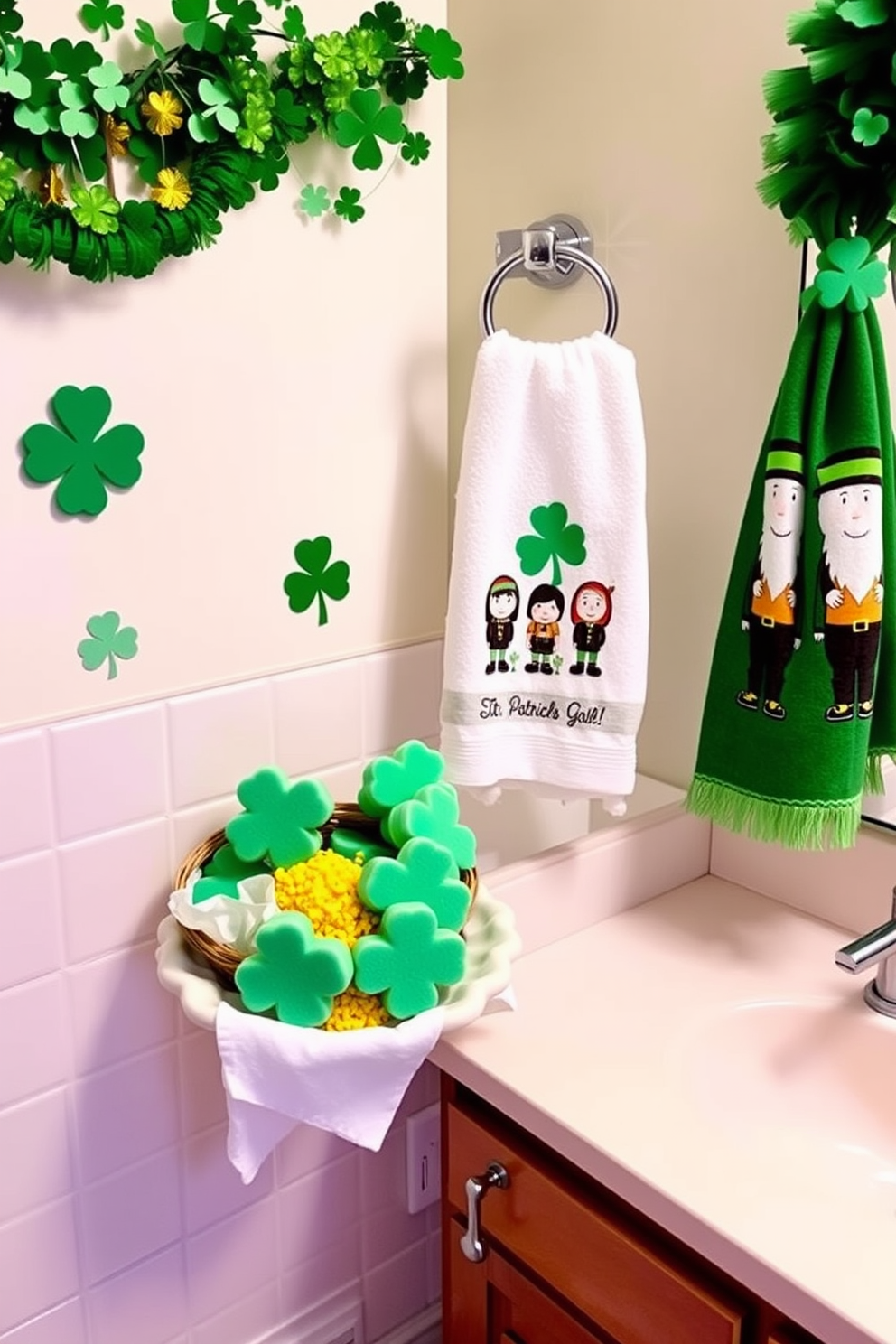 A festive bathroom adorned with St. Patrick's Day themed decorations. Vibrant green bath bombs shaped like shamrocks and pots of gold are displayed in a decorative basket on the countertop. The walls are adorned with playful green and gold accents, including a garland of shamrocks. A cheerful towel featuring leprechauns hangs from the towel rack, adding a whimsical touch to the space.